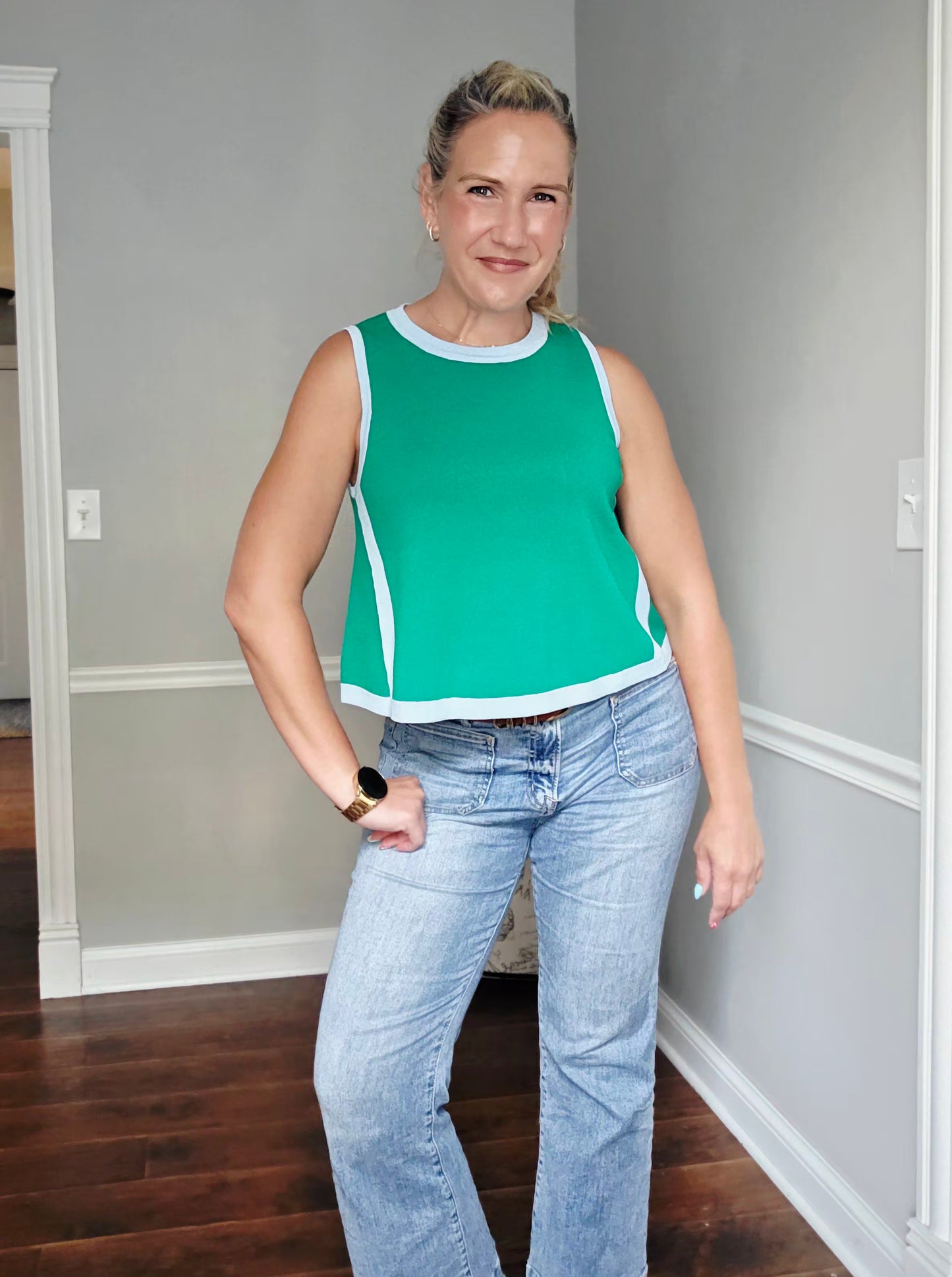 Kelly Green Sleeveless Knit Top w/ Light Blue Accents