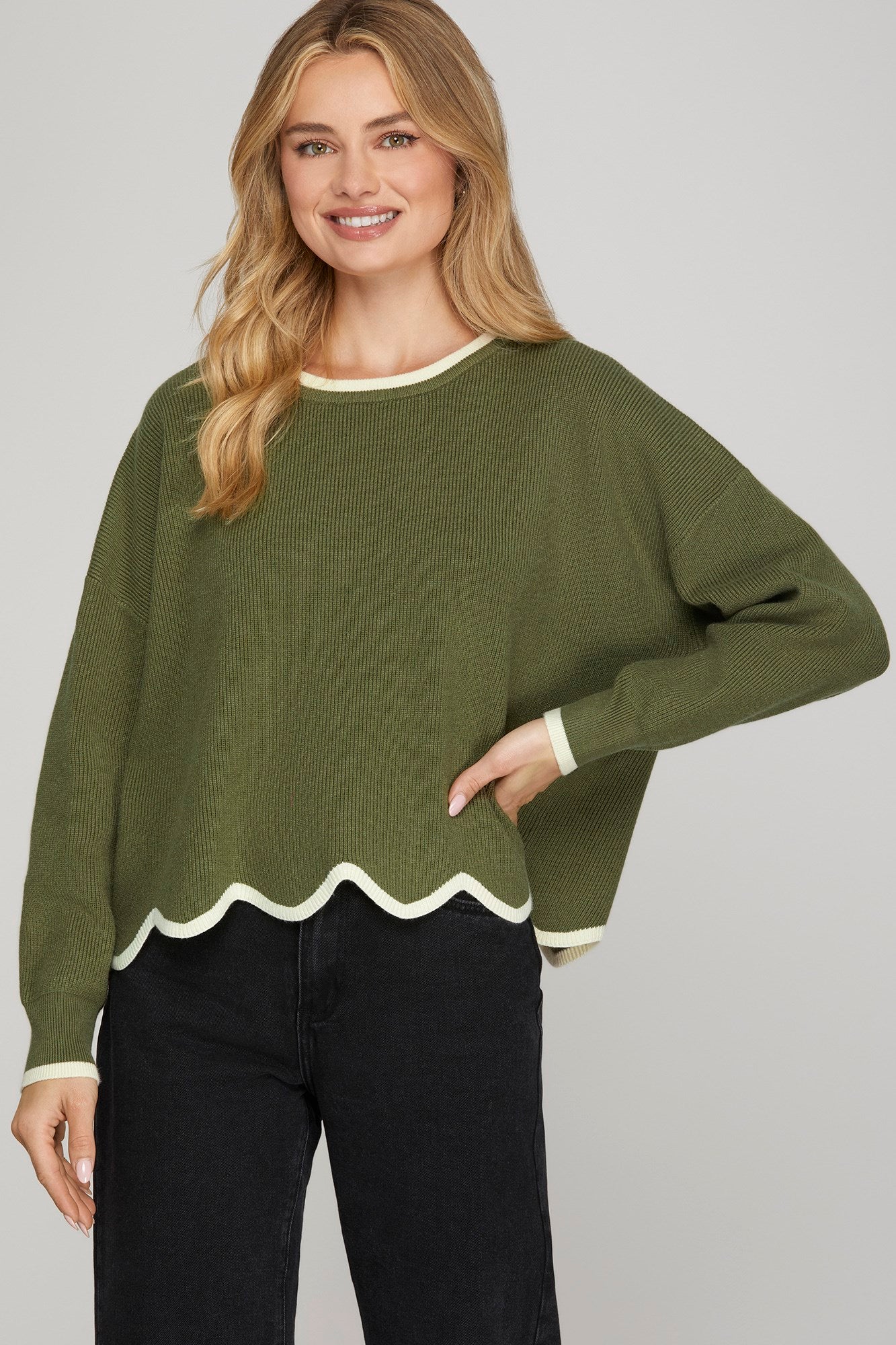 Olive Scallop Edge Sweater