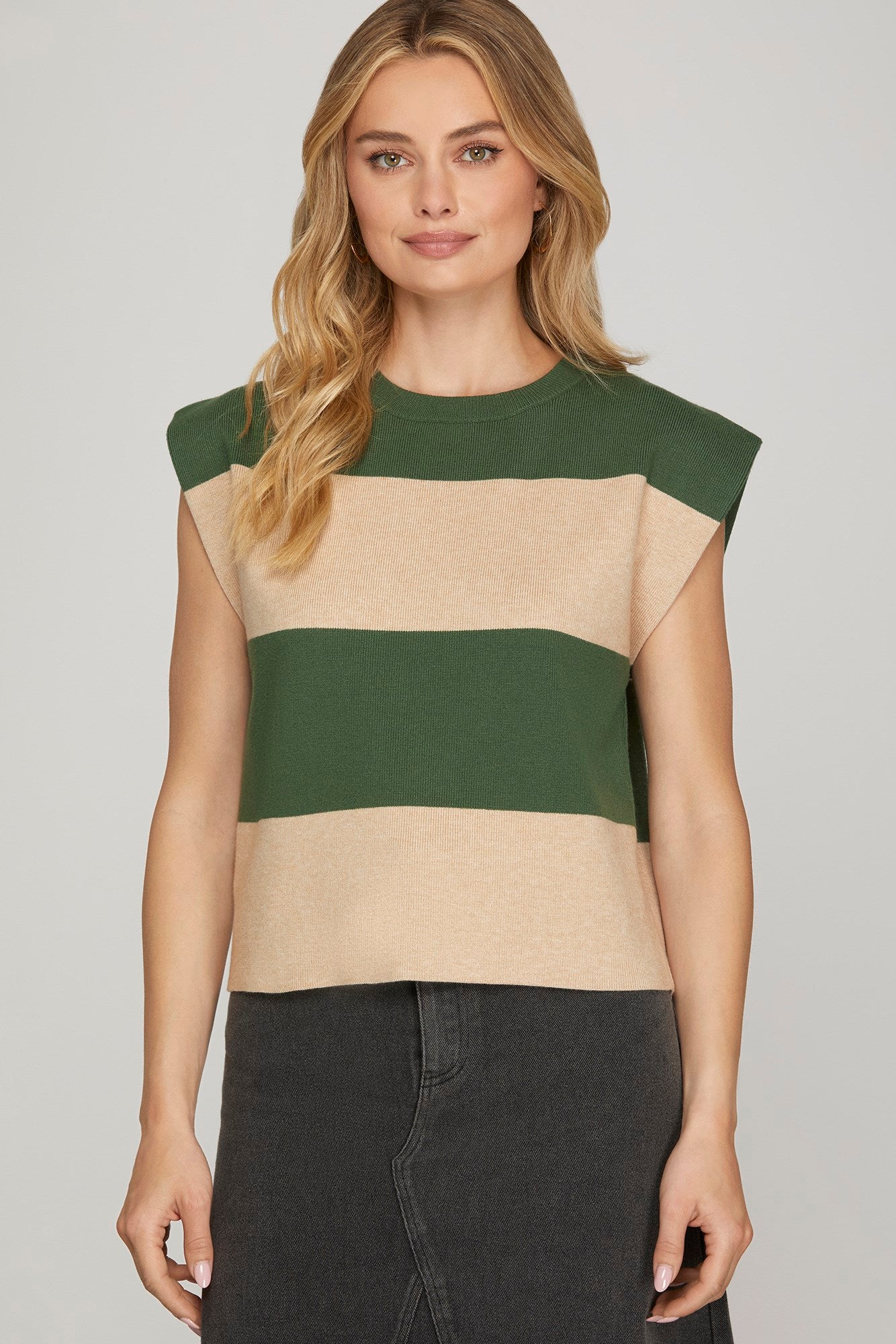 Green & Tan Striped Top