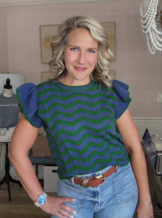 Green & Blue Striped Ruffle Sleeve Top