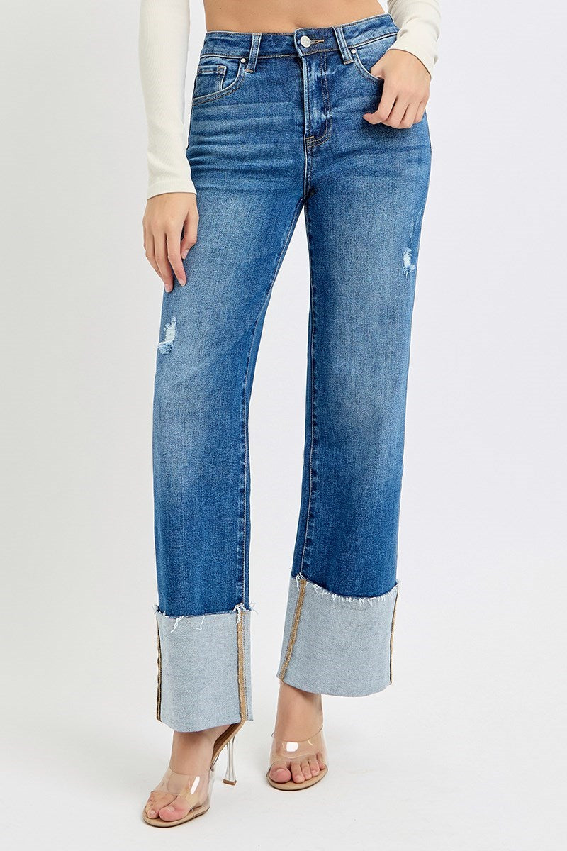 RISEN High-Rise Wide Leg Cuff Jeans