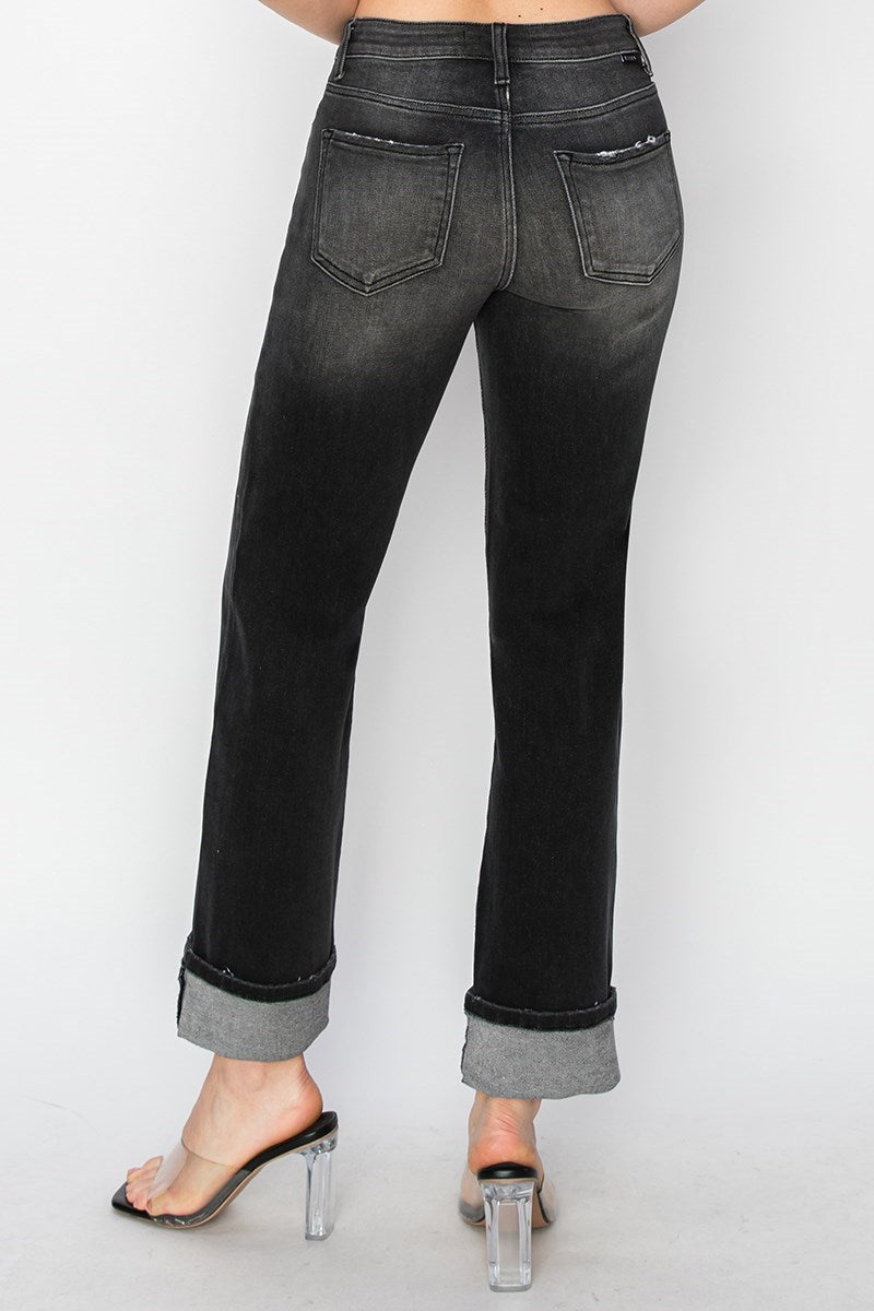 RISEN Black High-Rise Straight Leg Cuff Jeans