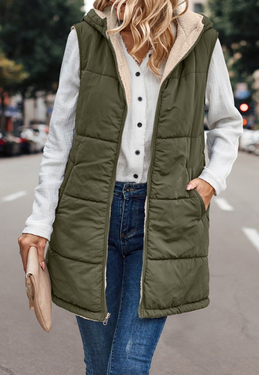 Long Reversible Sherpa Vest in Olive