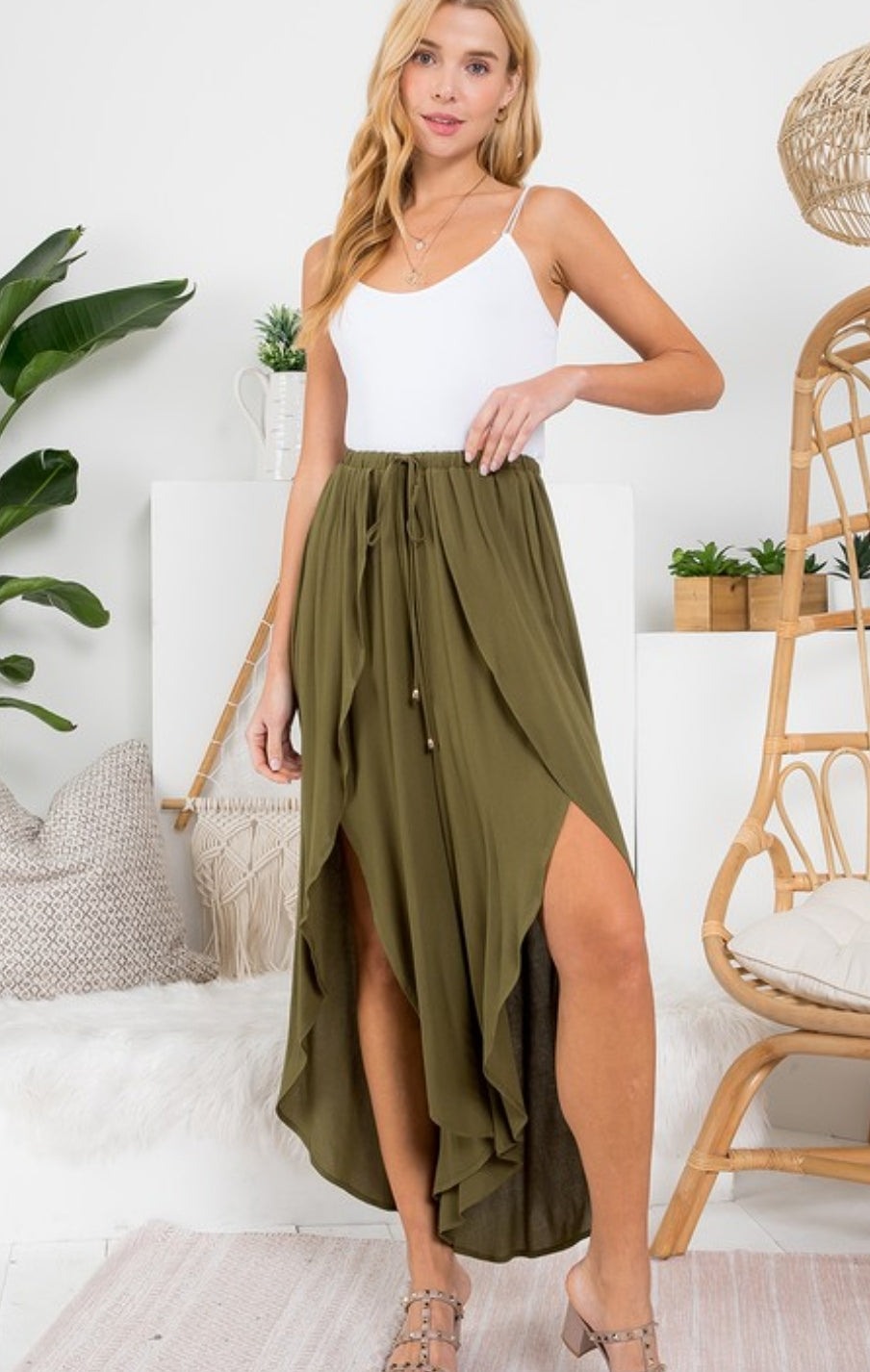 Olive High Slit Cropped Pant