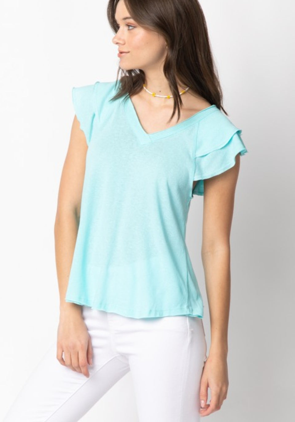 Aqua V-Neck Flutter Sleeve Top