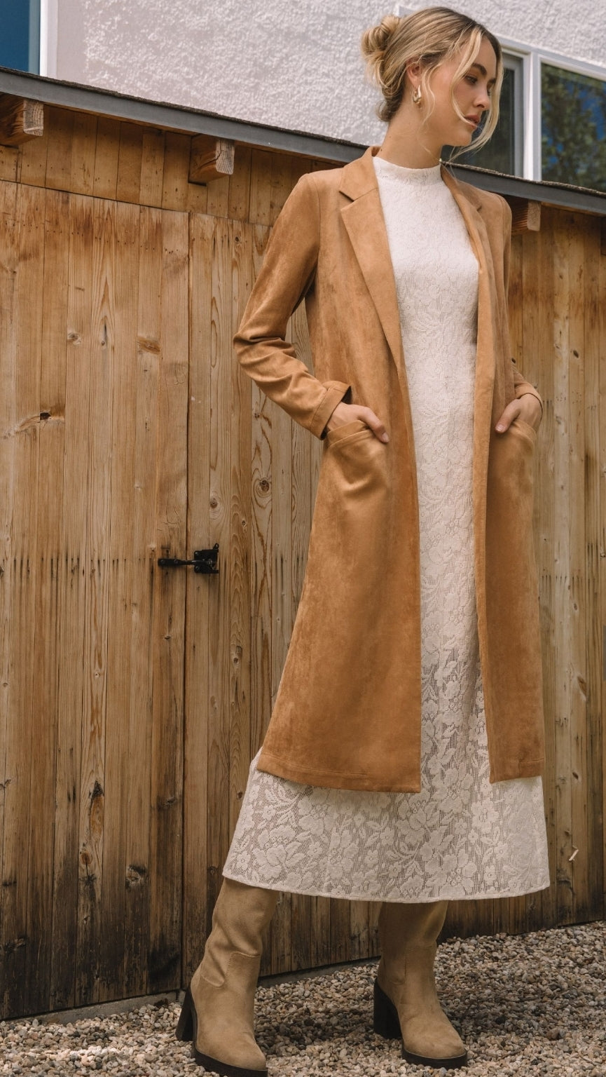 Camel Faux Suede Duster Coat