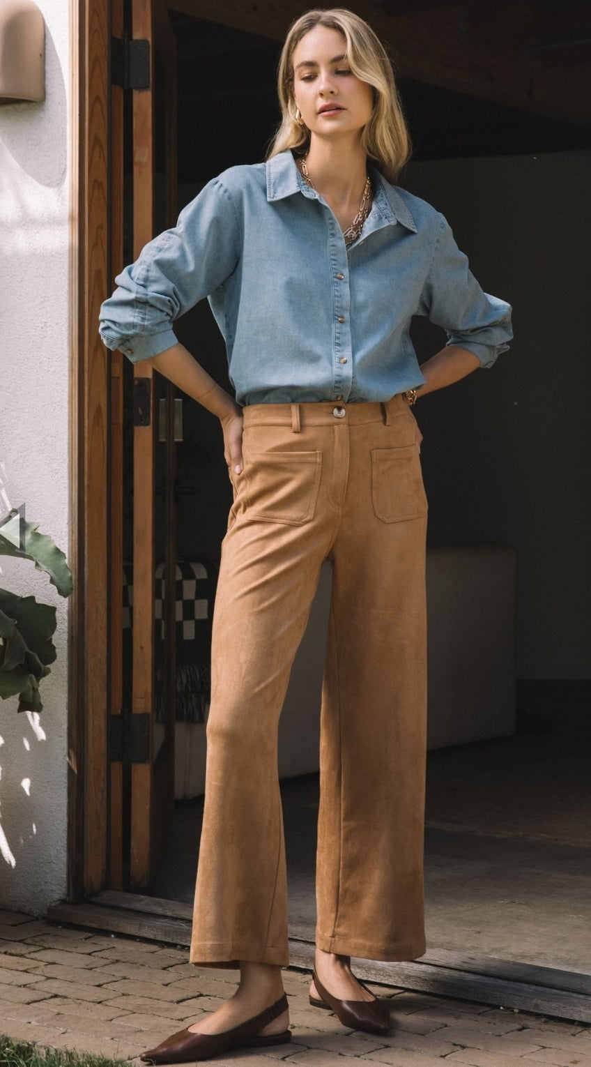 Camel Faux Suede Wide Leg Pant