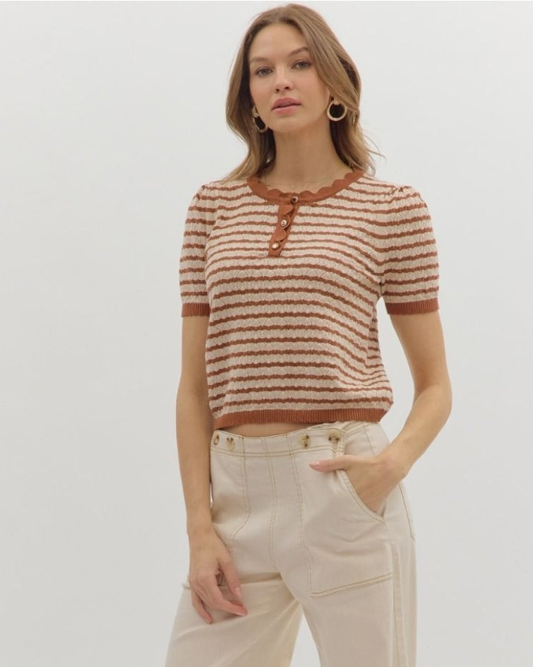 Camel Striped Scallop Edge Top