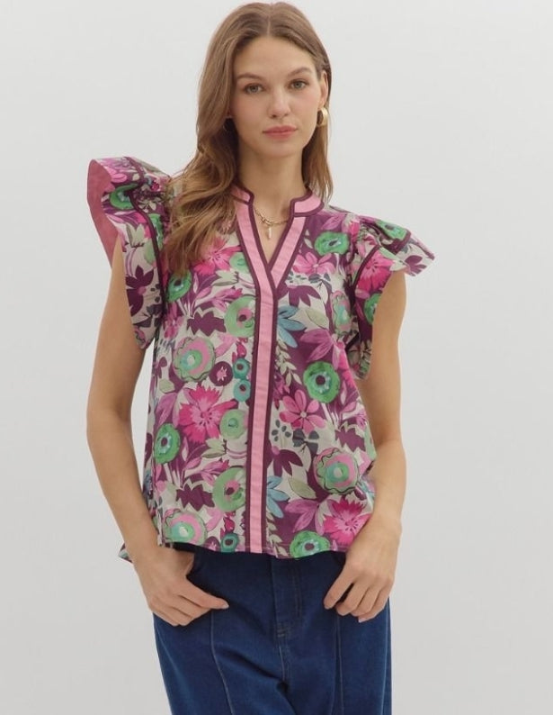 Plum Floral Flutter Sleeve Top