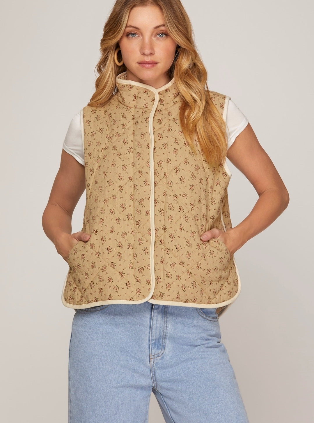 Tan Quilted Floral Vest