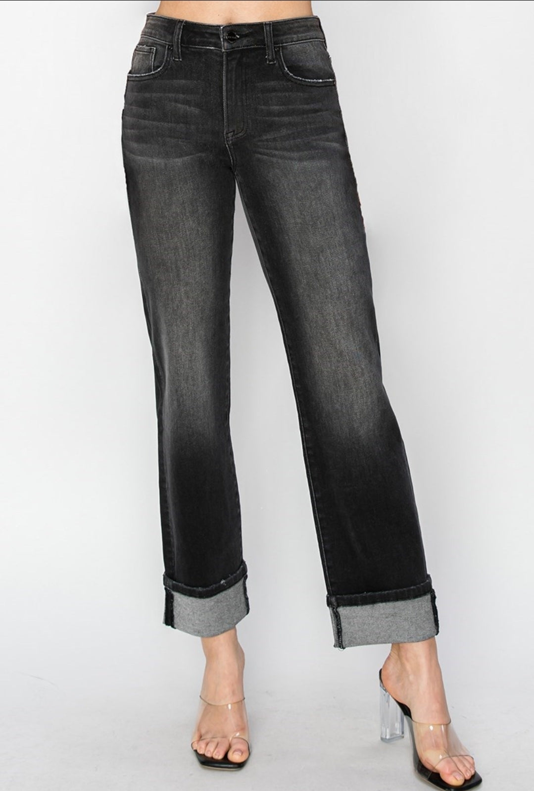 RISEN Black High-Rise Straight Leg Cuff Jeans