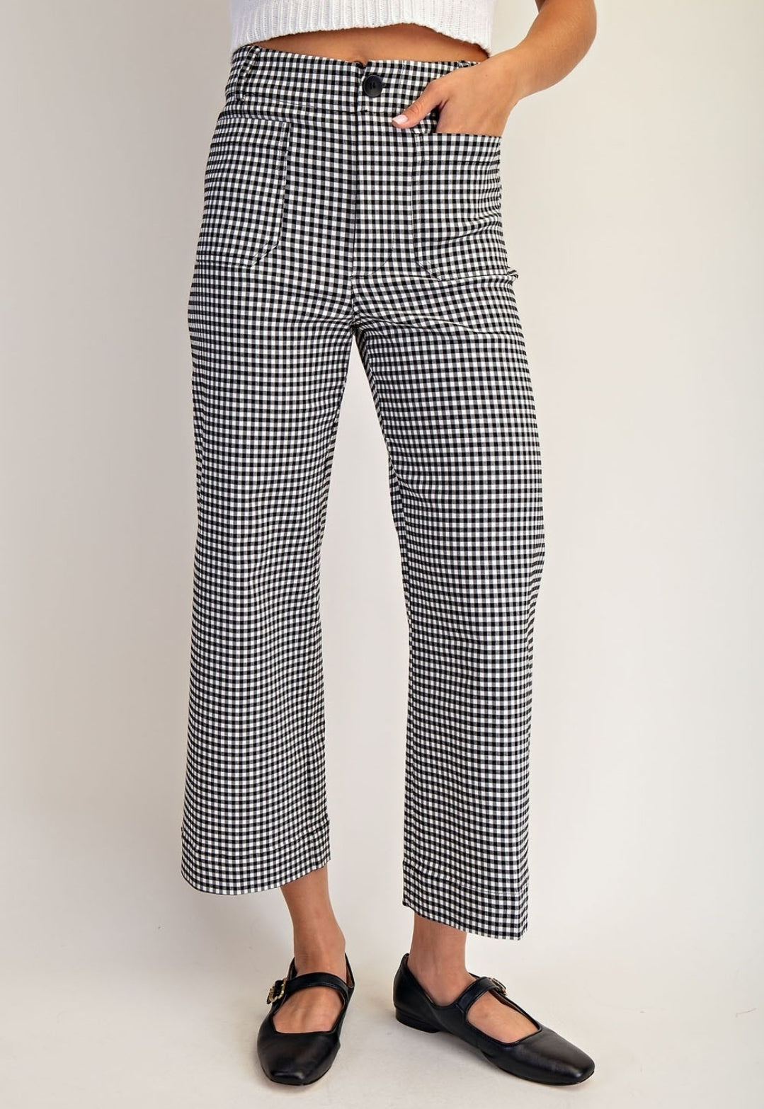 Black Gingham Check Patch Pocket Pants