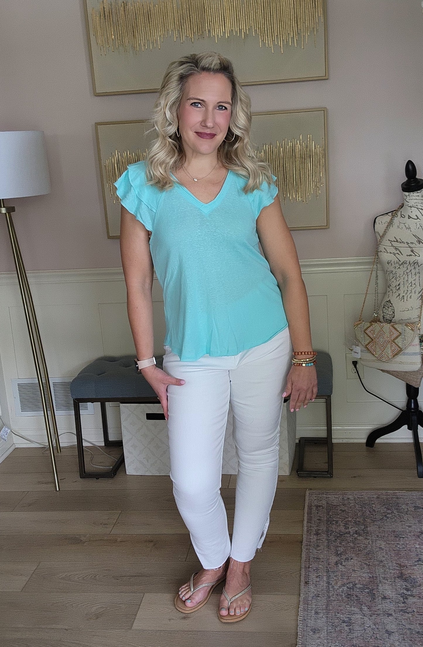 Aqua V-Neck Flutter Sleeve Top