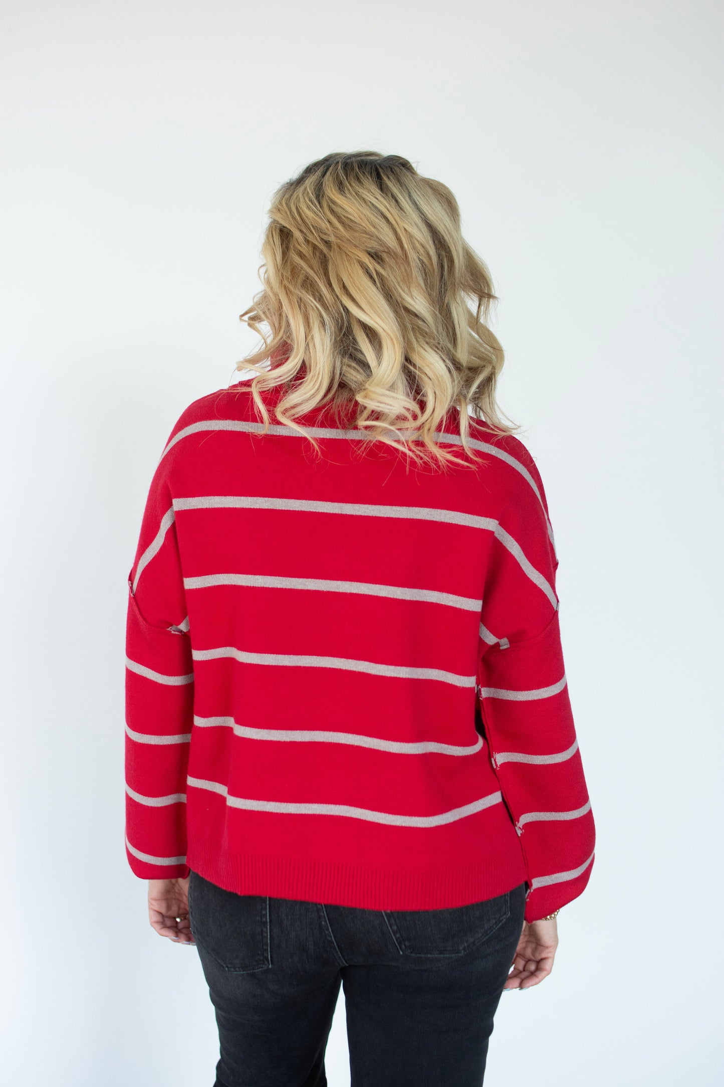 Red Boxy Turtleneck Sweater w/ Grey Stripe