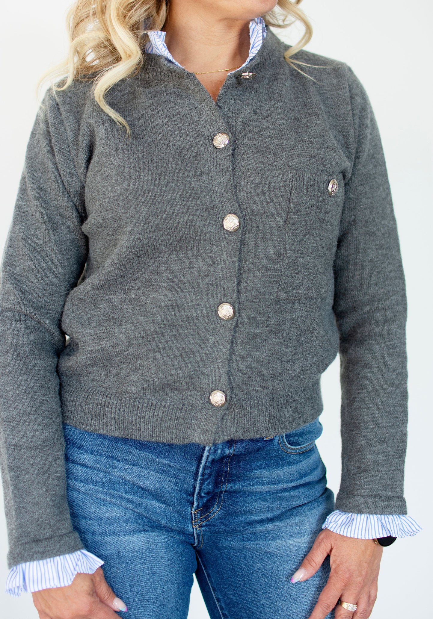 Grey Cardigan w/ Blue Striped Accents