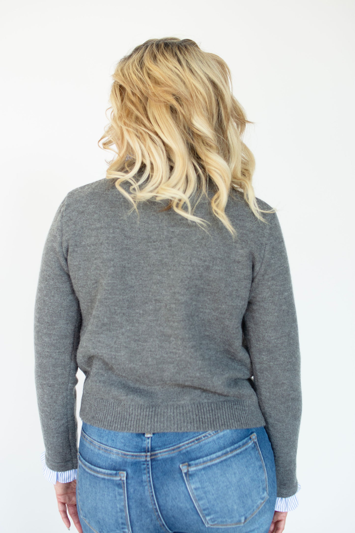 Grey Cardigan w/ Blue Striped Accents