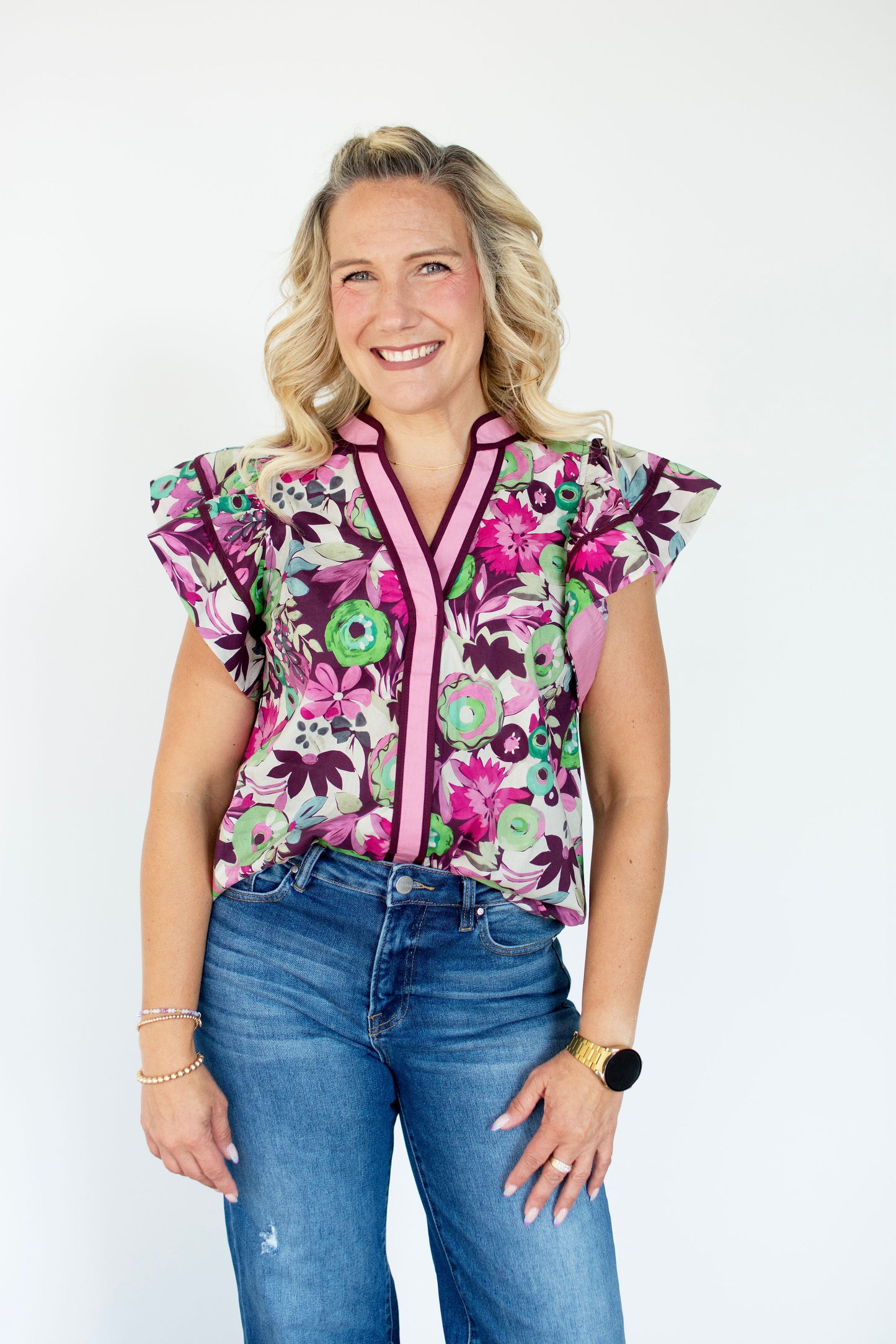 Plum Floral Flutter Sleeve Top