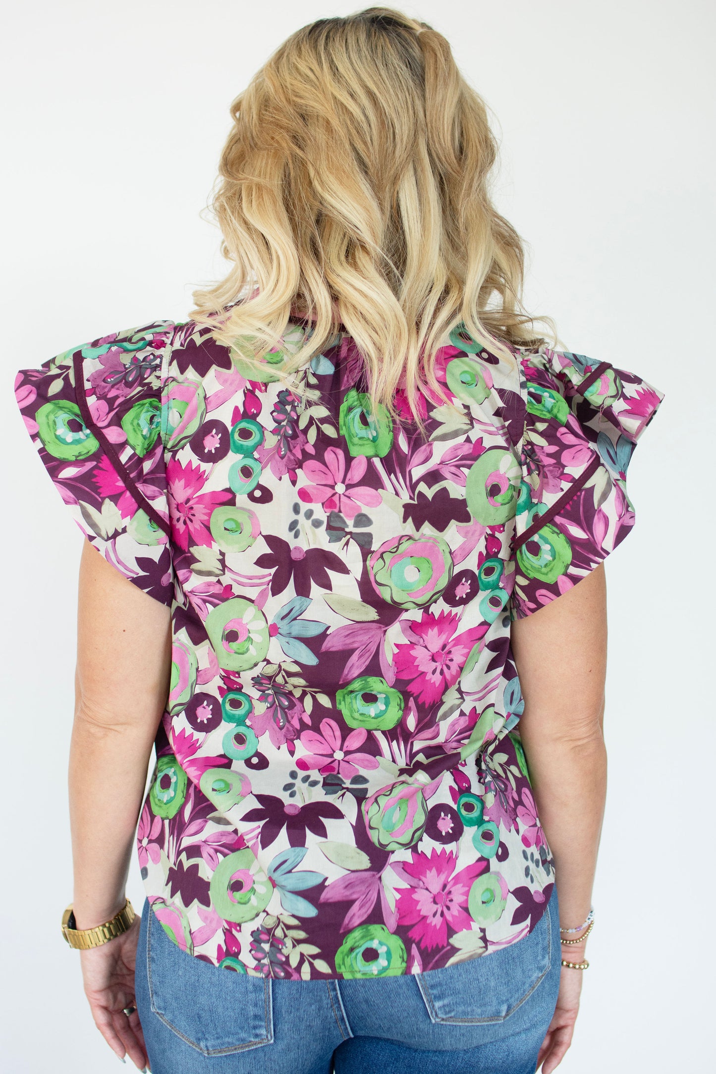 Plum Floral Flutter Sleeve Top