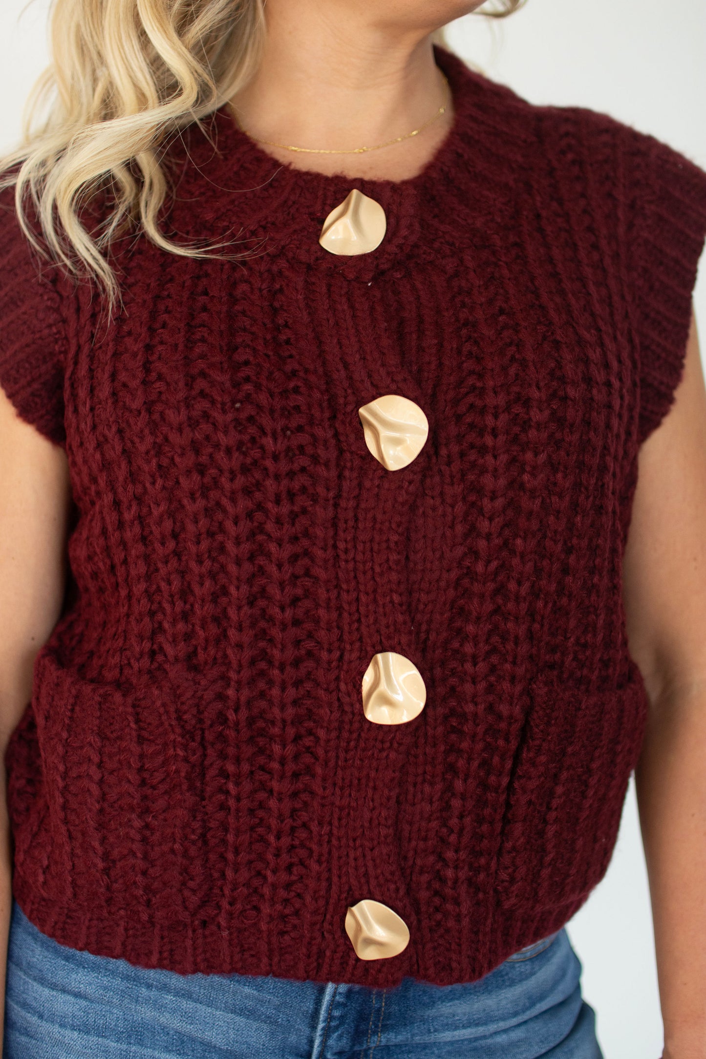 Wine Chunky Knit Vest w/Gold Buttons