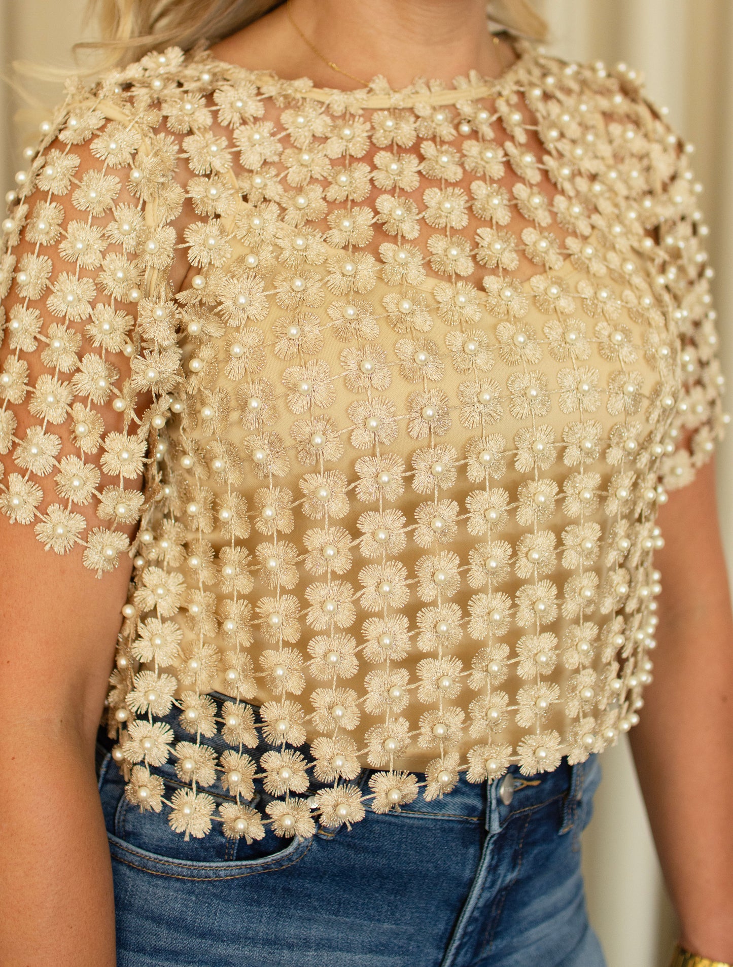 Gold Lace & Pearl Beaded Top w/ Lining