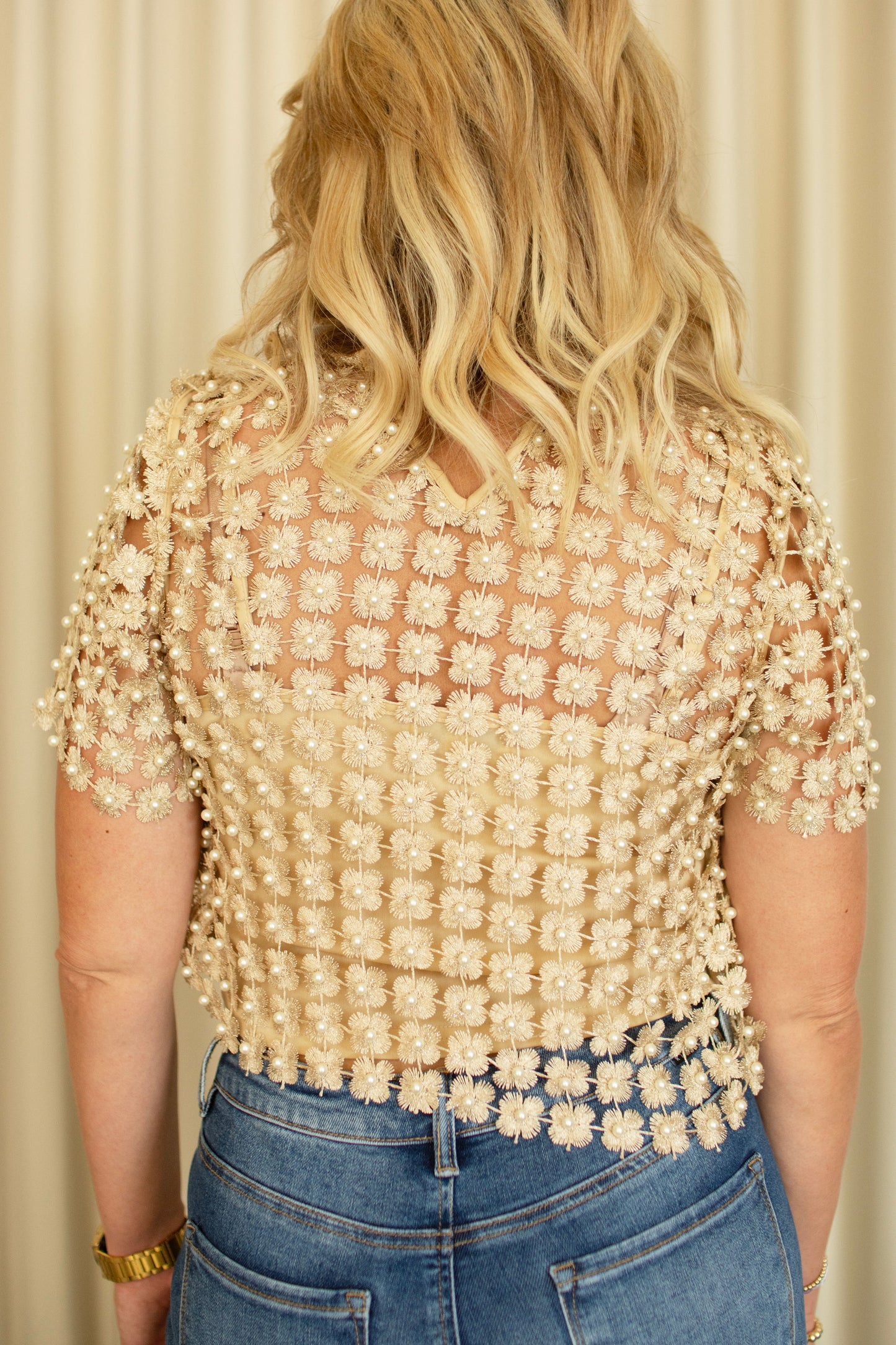 Gold Lace & Pearl Beaded Top w/ Lining