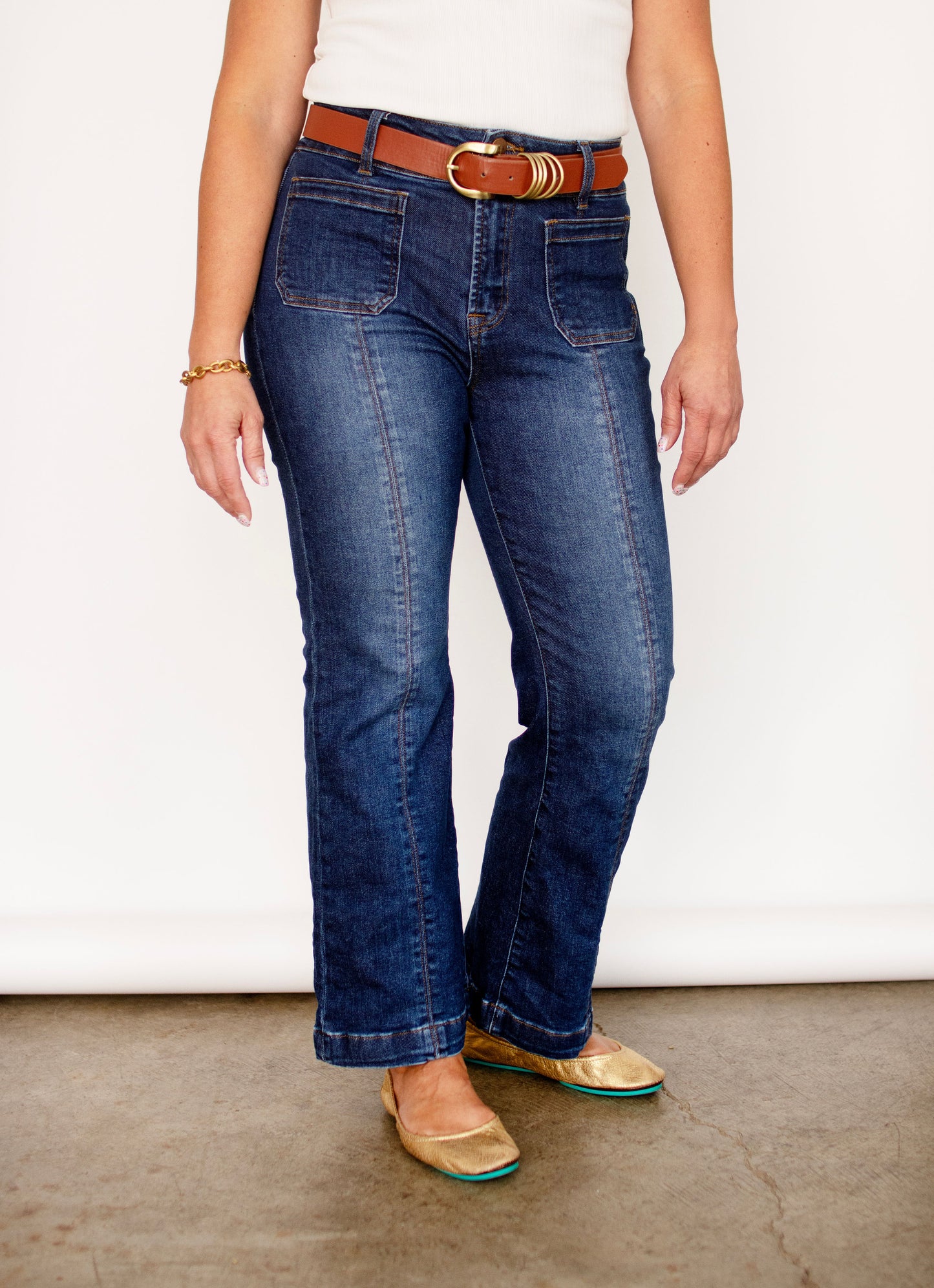 RISEN High Rise Bootcut Patch Pocket w/ Front Seam in Dark Wash