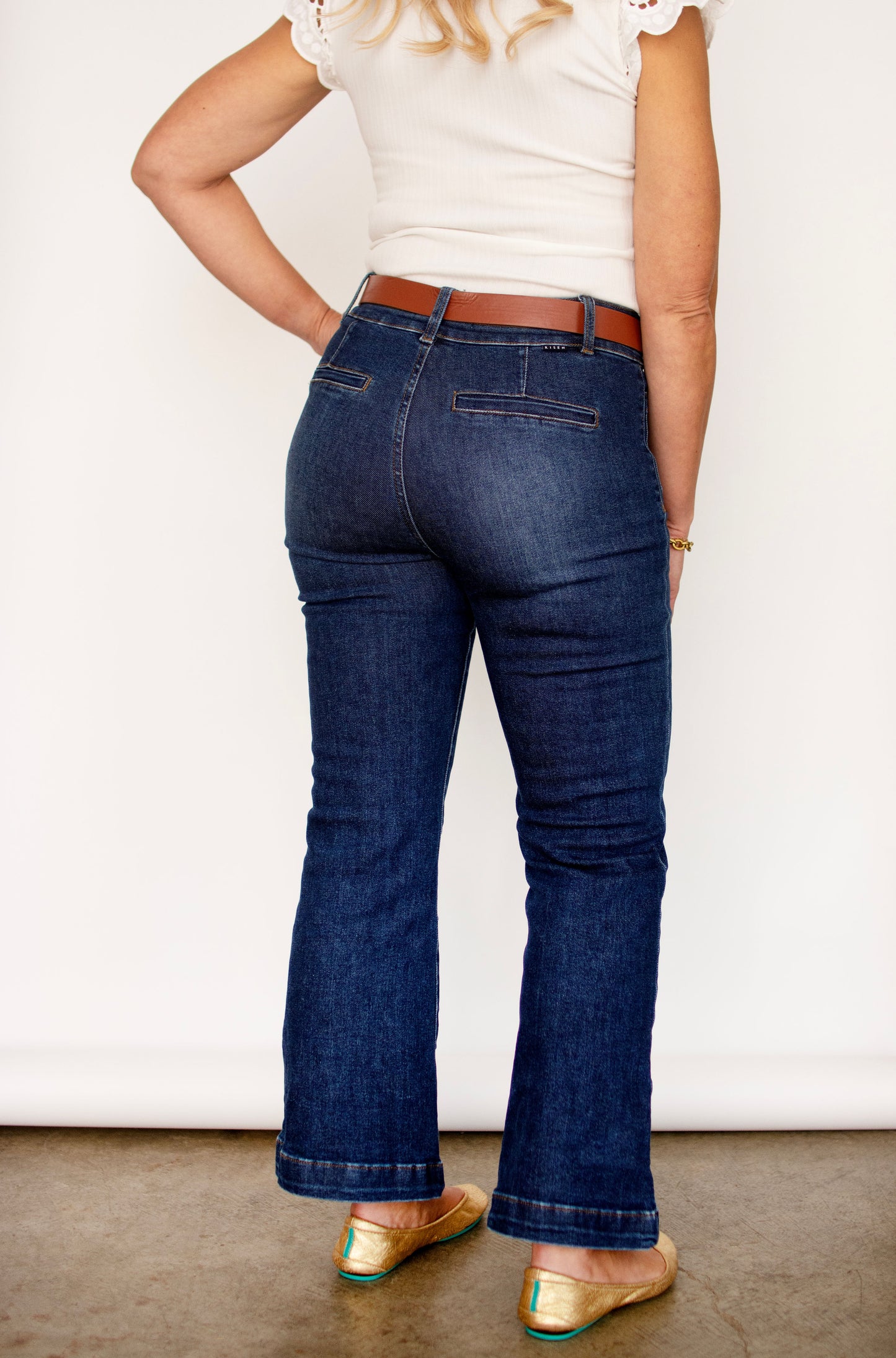 RISEN High Rise Bootcut Patch Pocket w/ Front Seam in Dark Wash