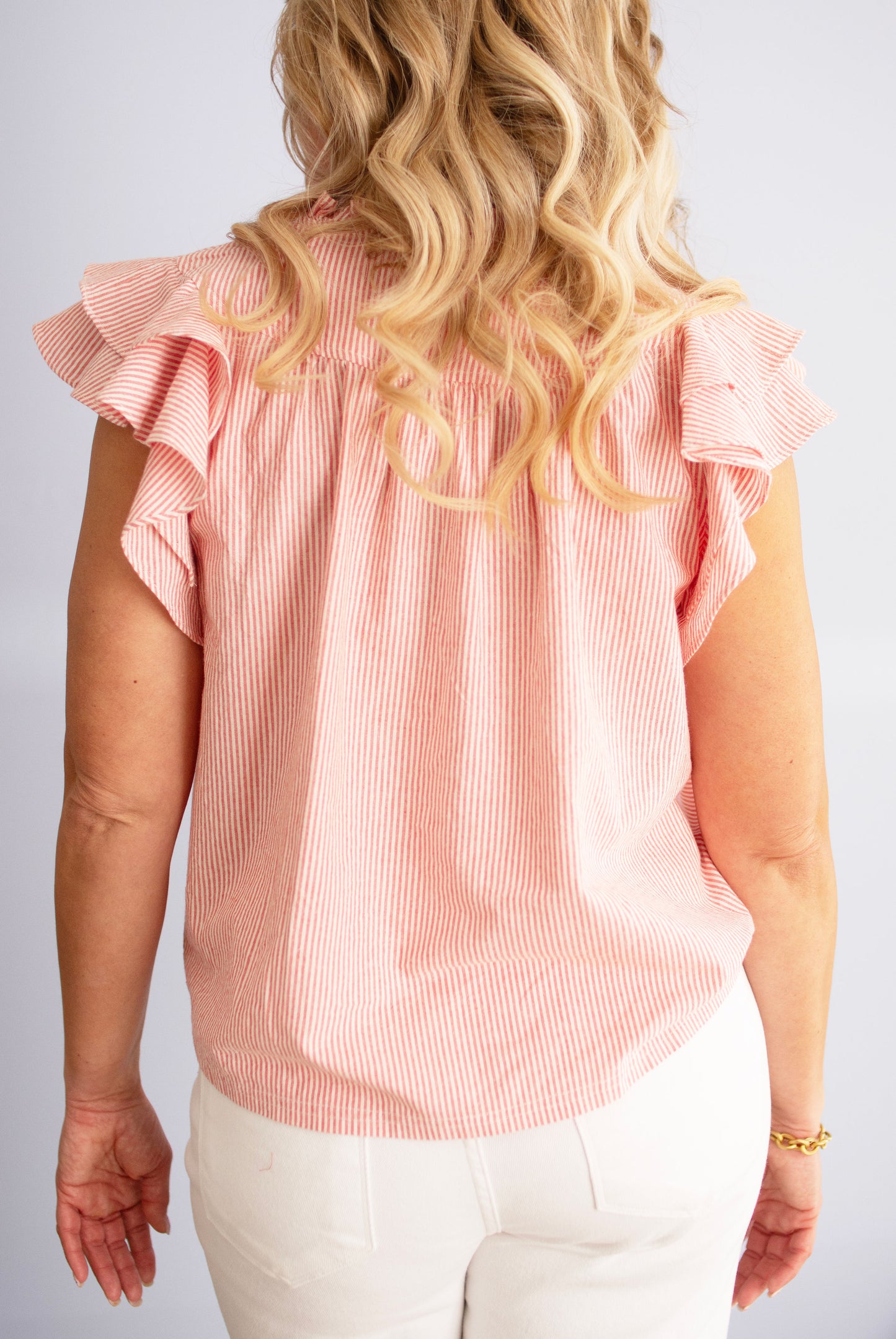 Flutter Sleeve V-Neck Pinstripe Top in Red