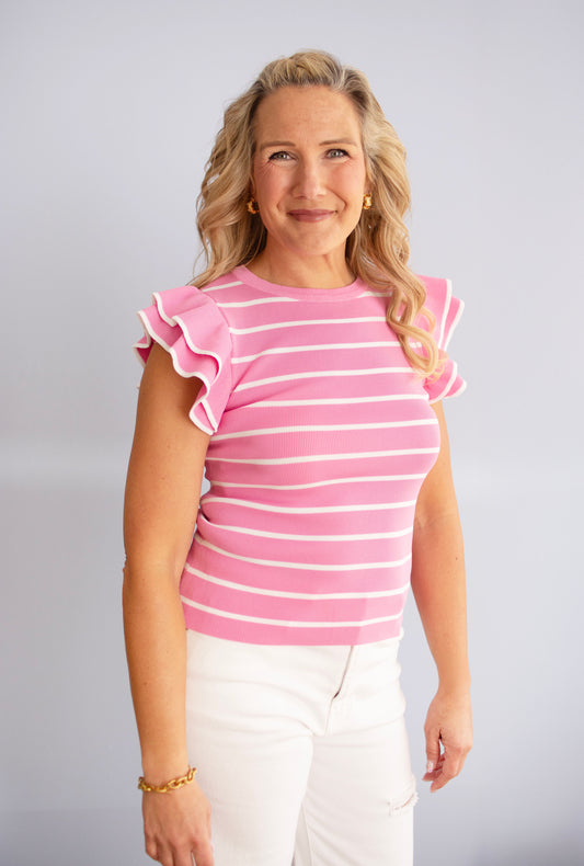 Pink Stripe Ruffle Sleeve Top