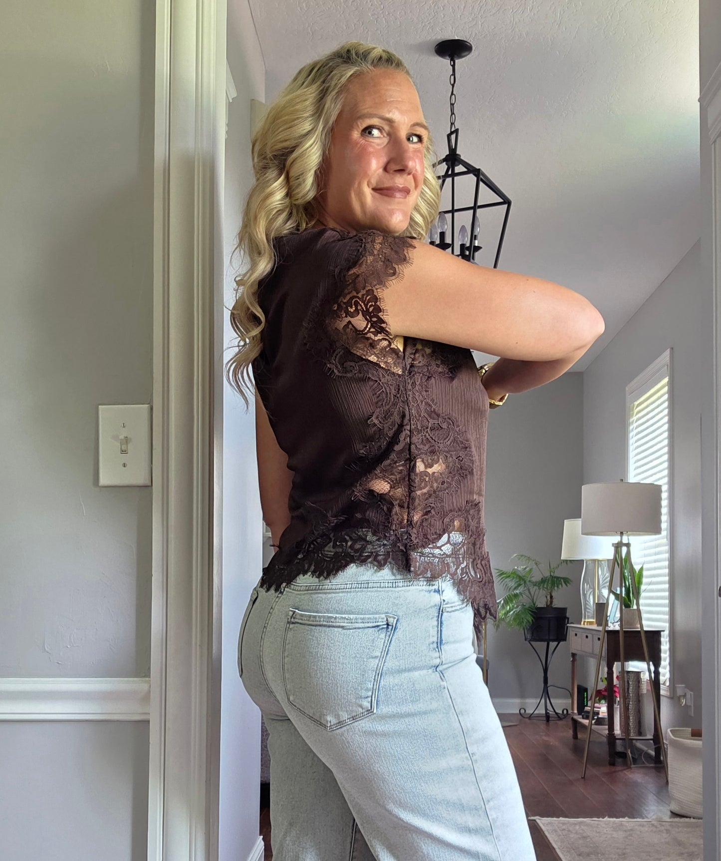 Chocolate Brown Silk Lace Asymmetrical Top