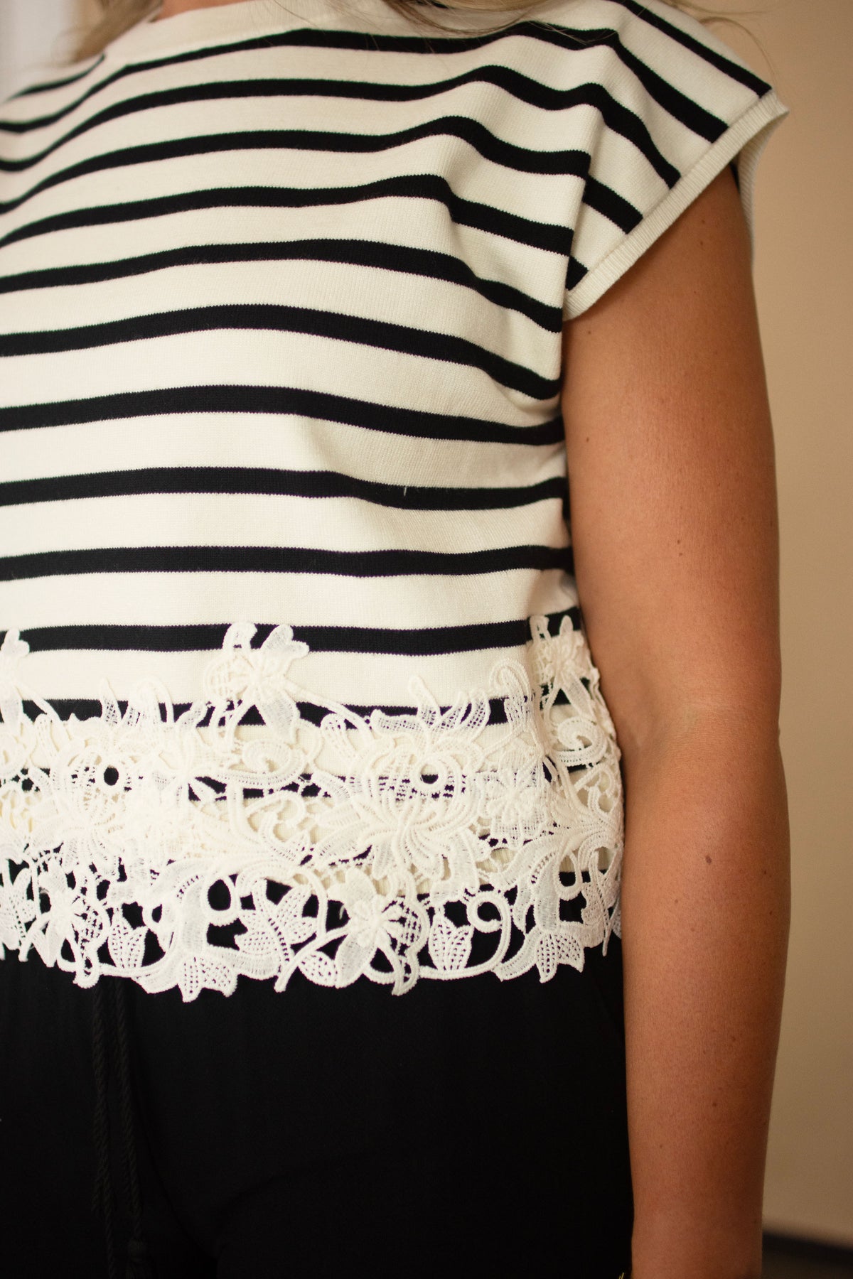 Off White Cap Sleeve Top w/ Black Stripes