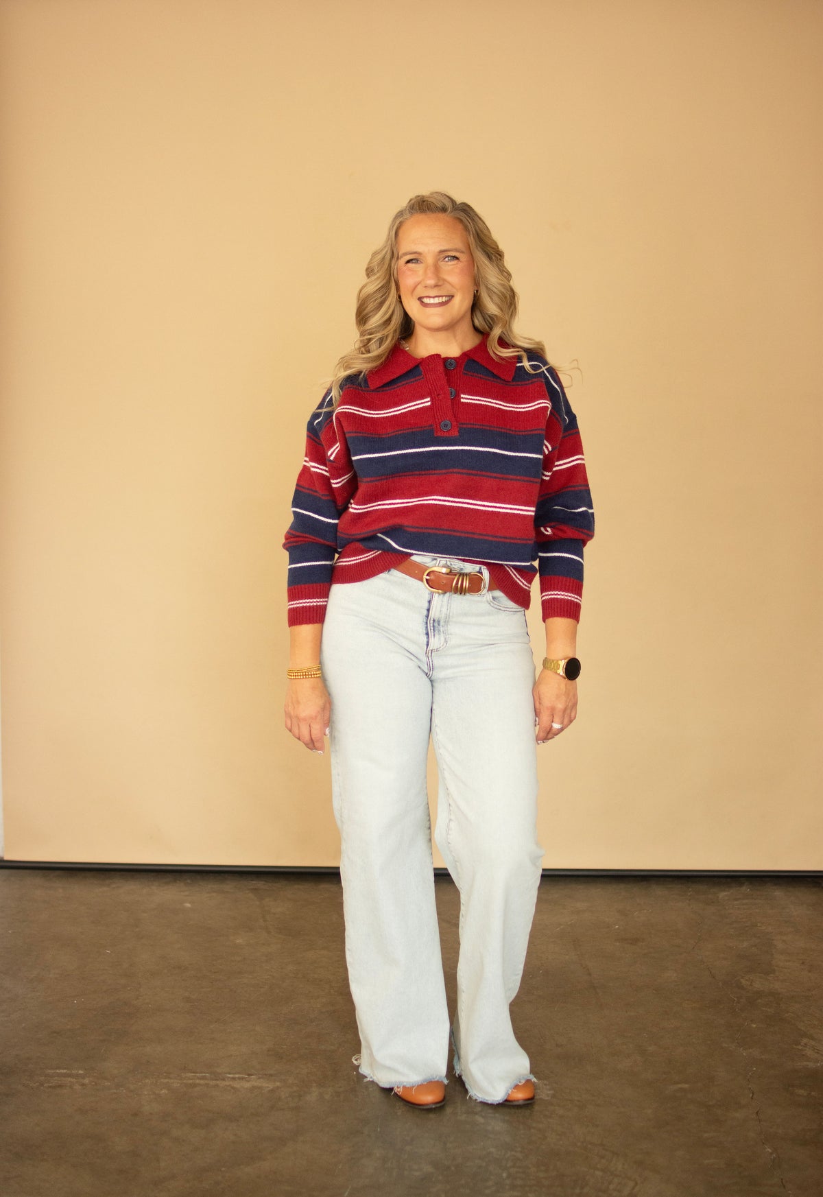 Cranberry Collared Knit Sweater w/ Navy & Off White Stripes