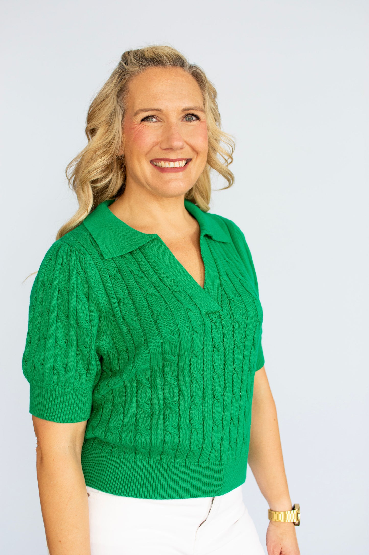 Kelly Green Collared Knit Split Neck Top