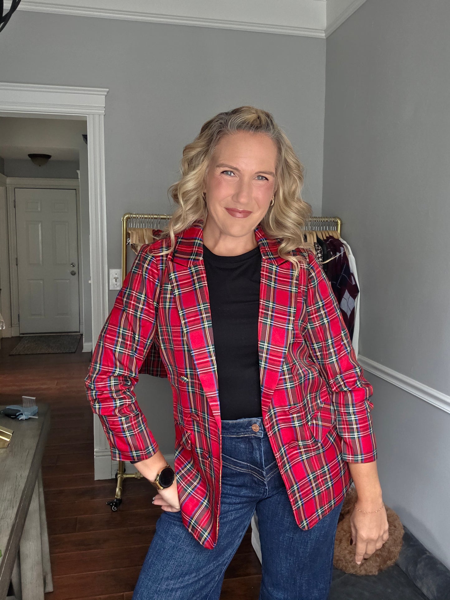 Red Plaid Double-Breasted Fitted Blazer