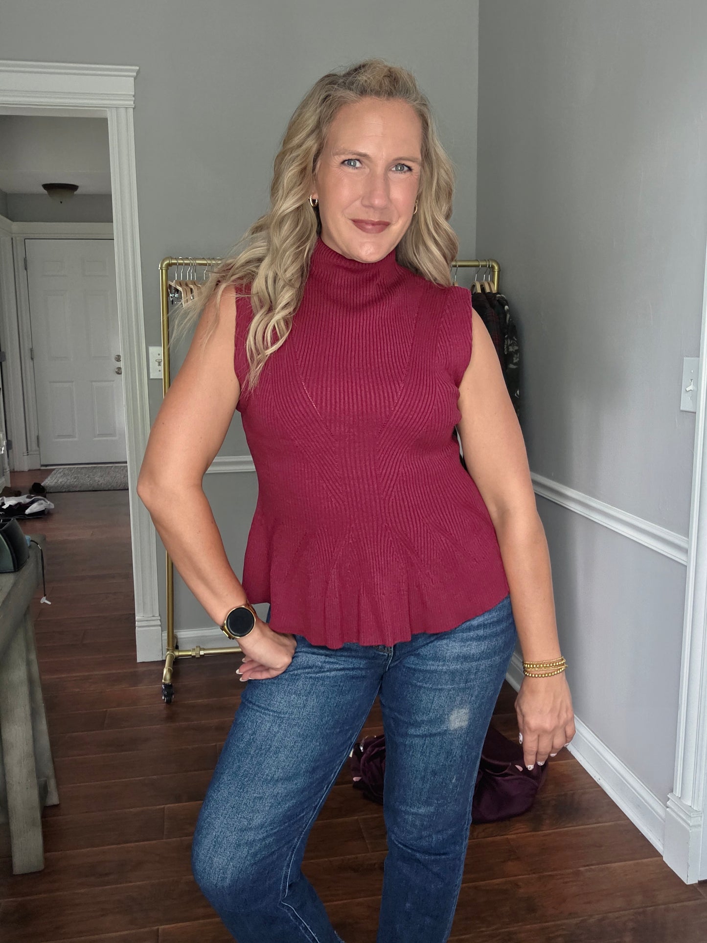 Cranberry Mock Neck Peplum Top