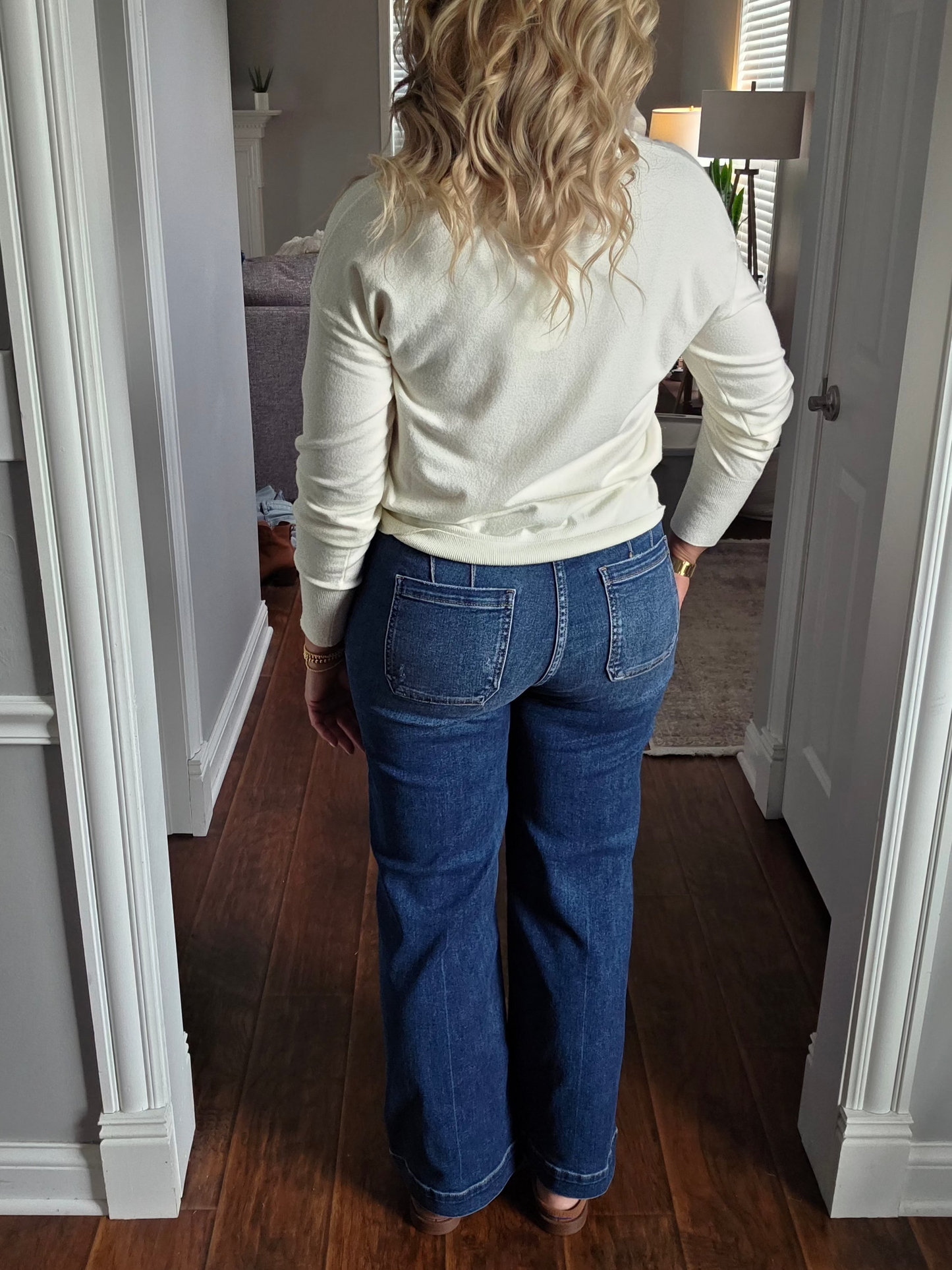 RISEN Dark High Rise Relaxed Straight Leg Ankle Length Jeans w/ Front Welt Pocket
