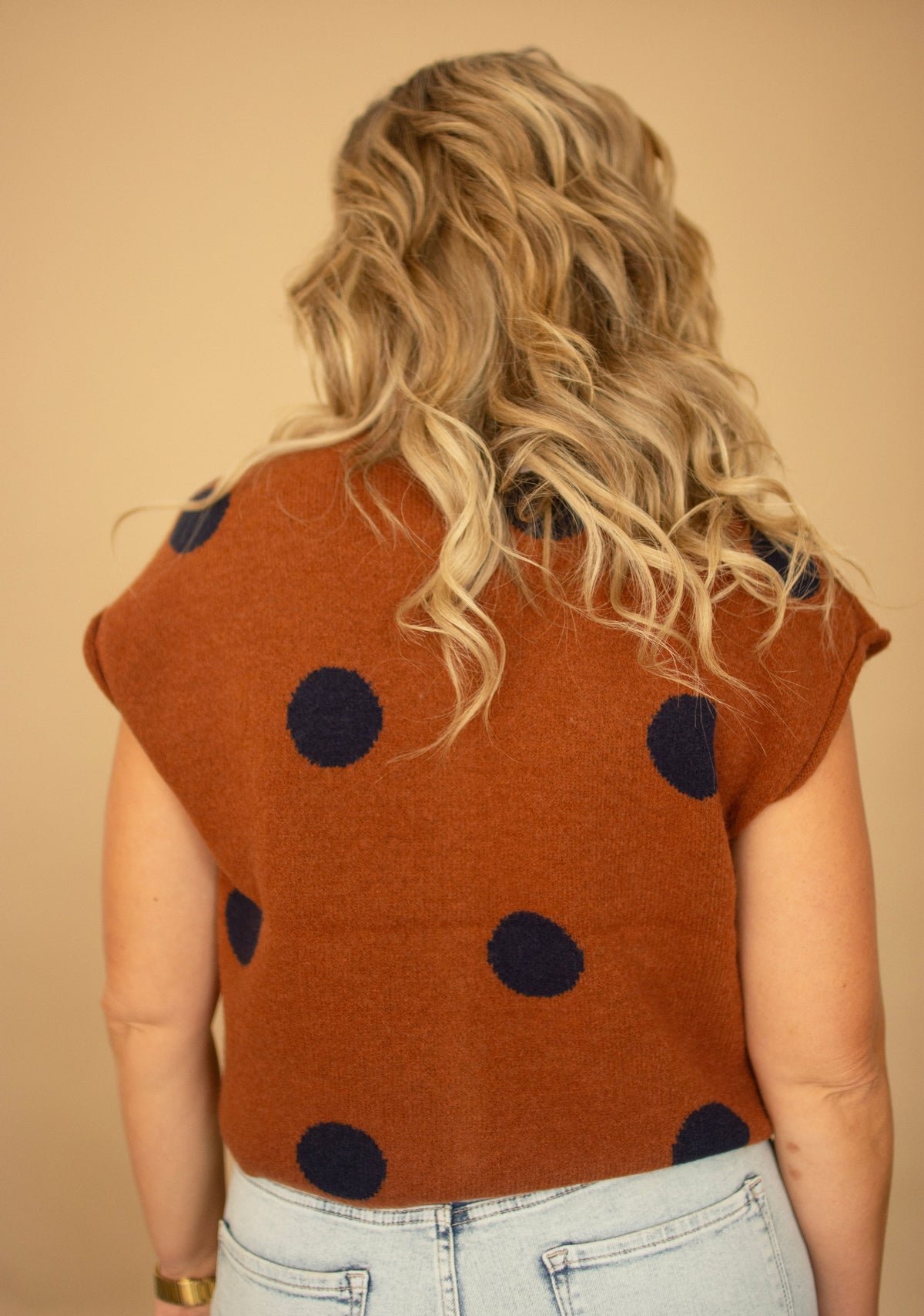 Camel Cardigan w/ Navy Polka Dots