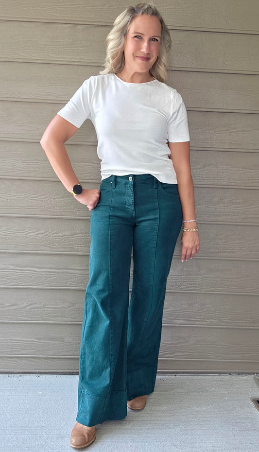 Hunter Green Tummy Control Wide Leg Mid Rise Jeans