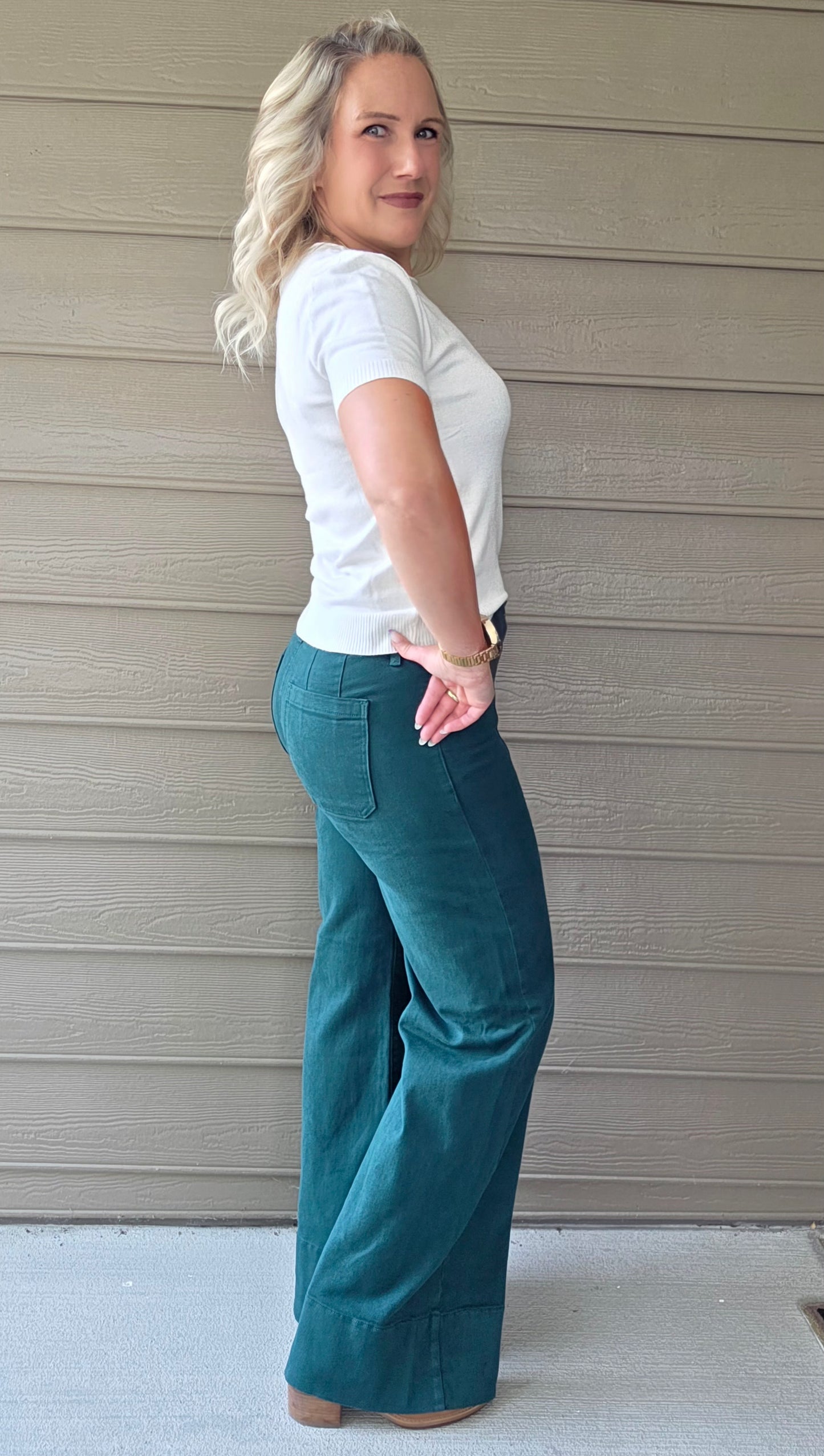 Hunter Green Tummy Control Wide Leg Mid Rise Jeans