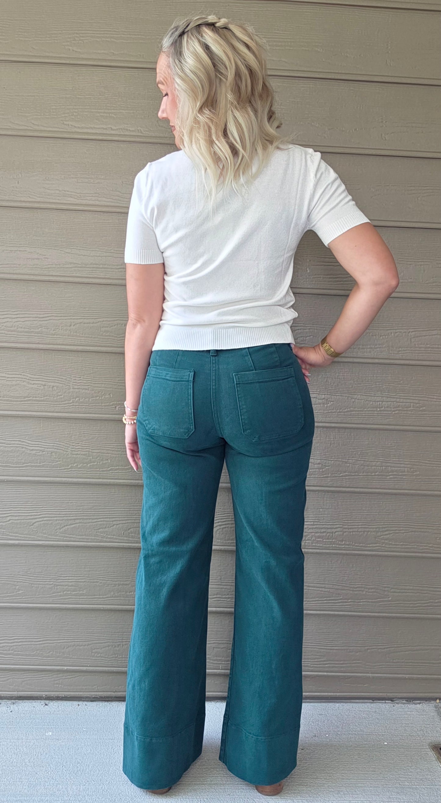Hunter Green Tummy Control Wide Leg Mid Rise Jeans