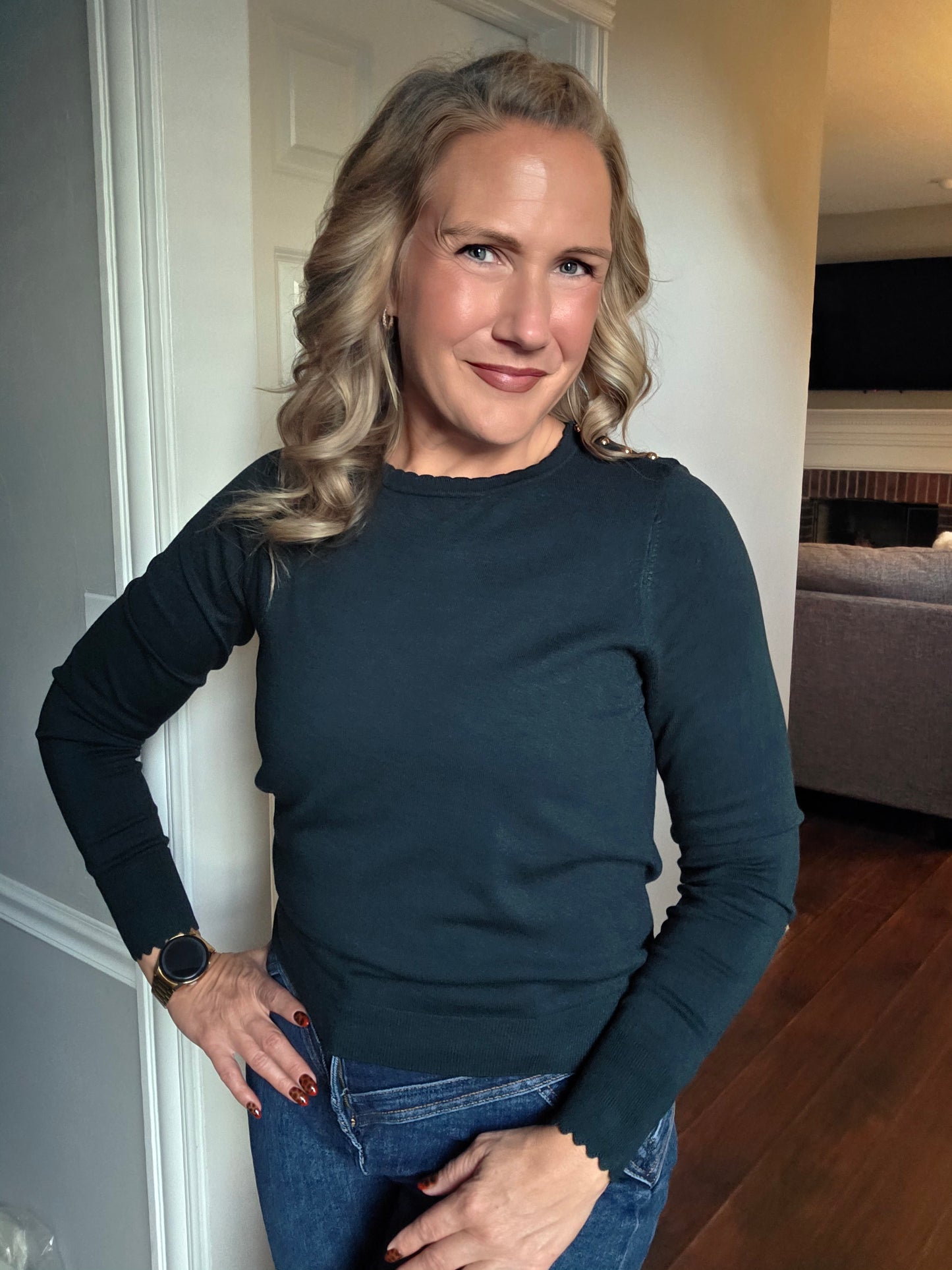Dark Green Scallop Edge Knit Top