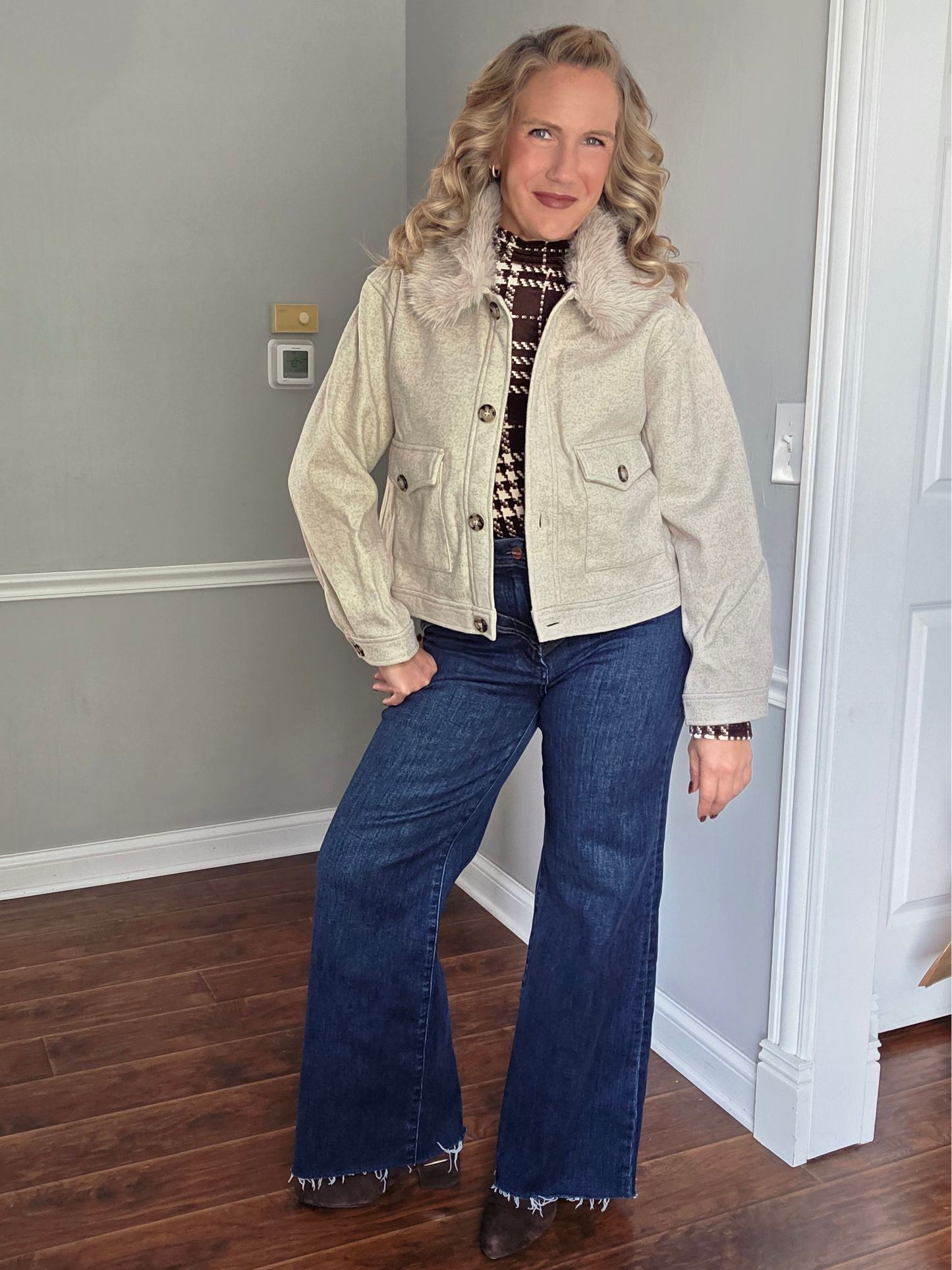 Oatmeal Relaxed Fit Button Front Jacket w/ Fur Collar