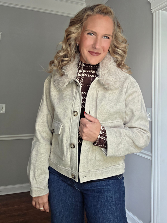 Oatmeal Relaxed Fit Button Front Jacket w/ Fur Collar
