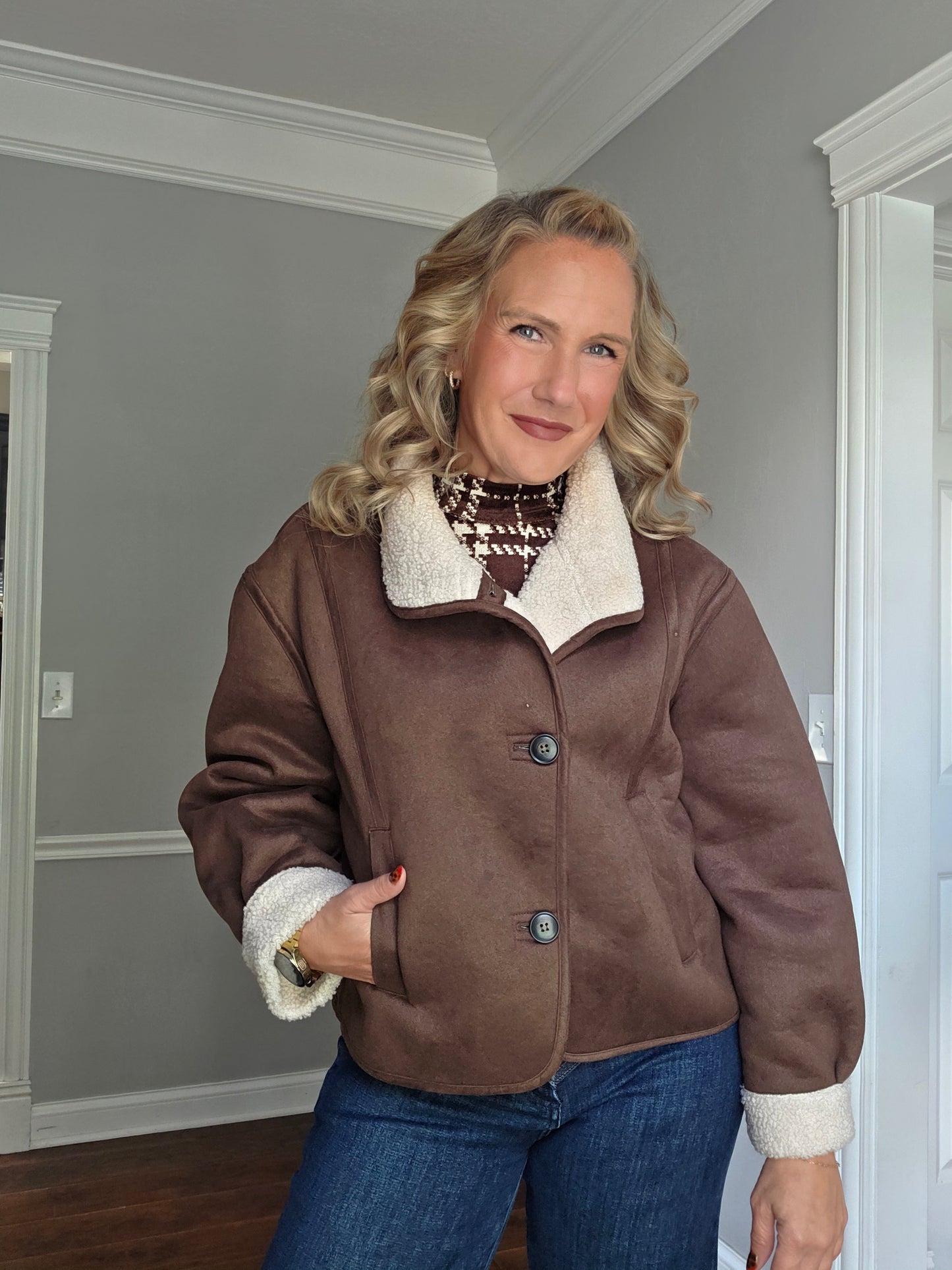 Brown Faux Suede Sherpa Lined Jacket