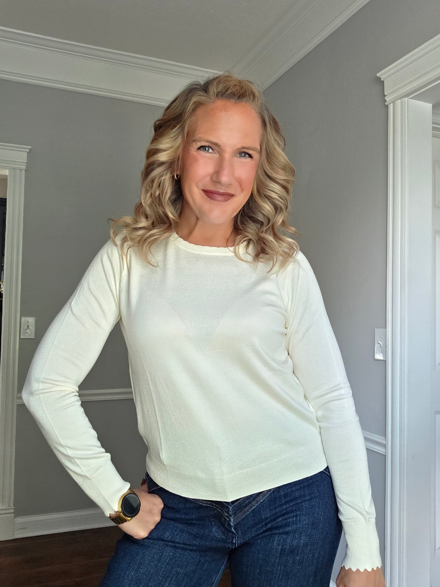Cream Scallop Edge Knit Top