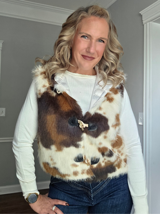 Hooded Animal Print Fur Vest