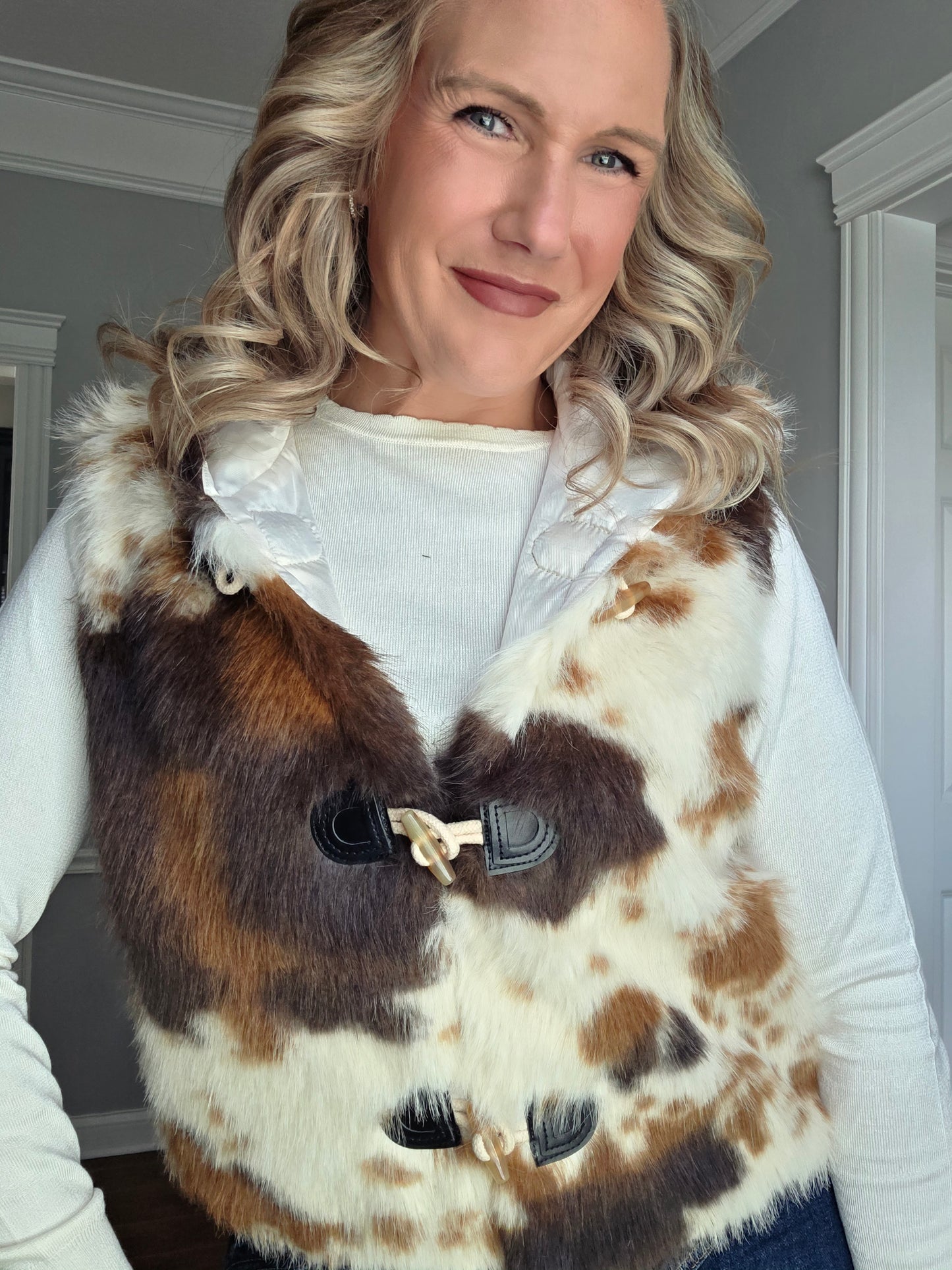 Hooded Animal Print Fur Vest