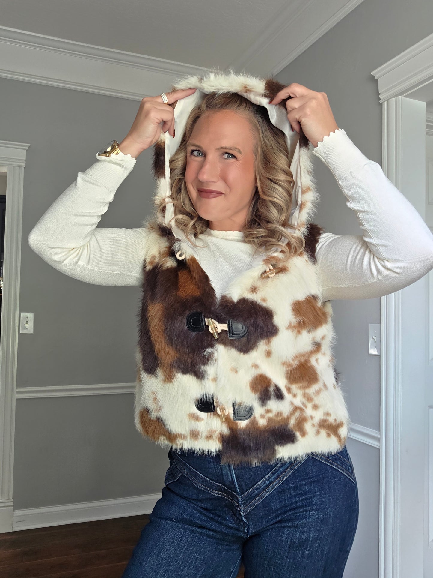 Hooded Animal Print Fur Vest