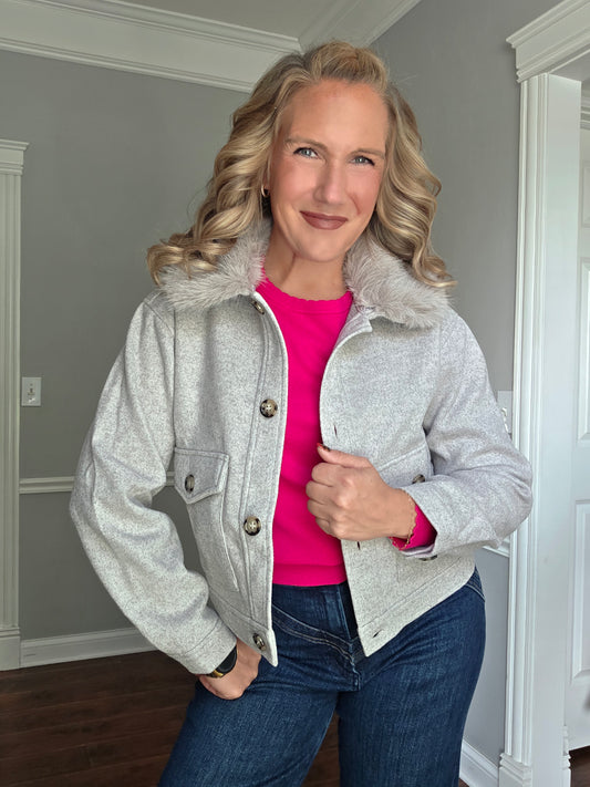 Light Grey Relaxed Fit Button Front Jacket w/ Fur Collar