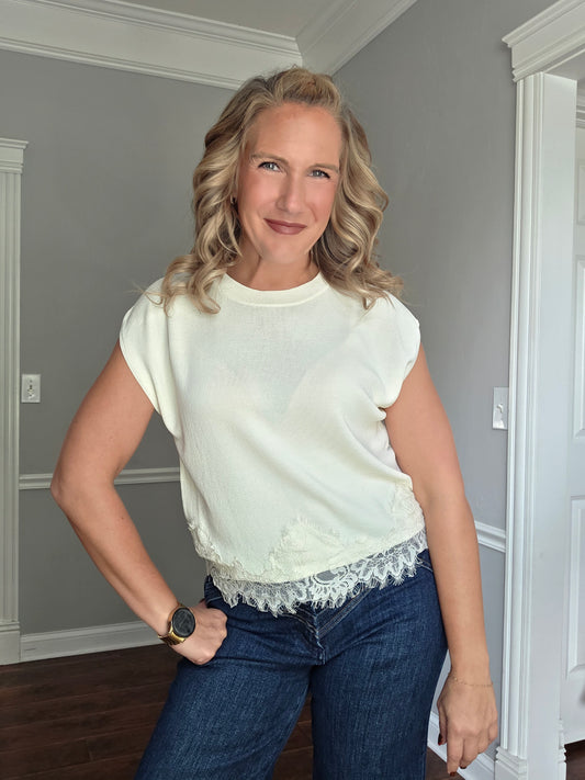 Cream Lace Trimmed Cap Sleeve Top